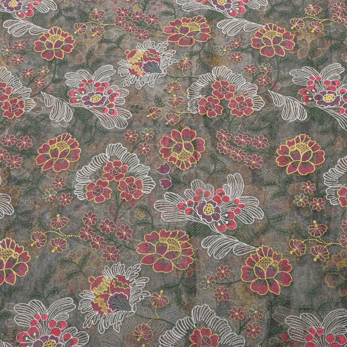 Gray Thread Work Embroidery Tiisue Fabric