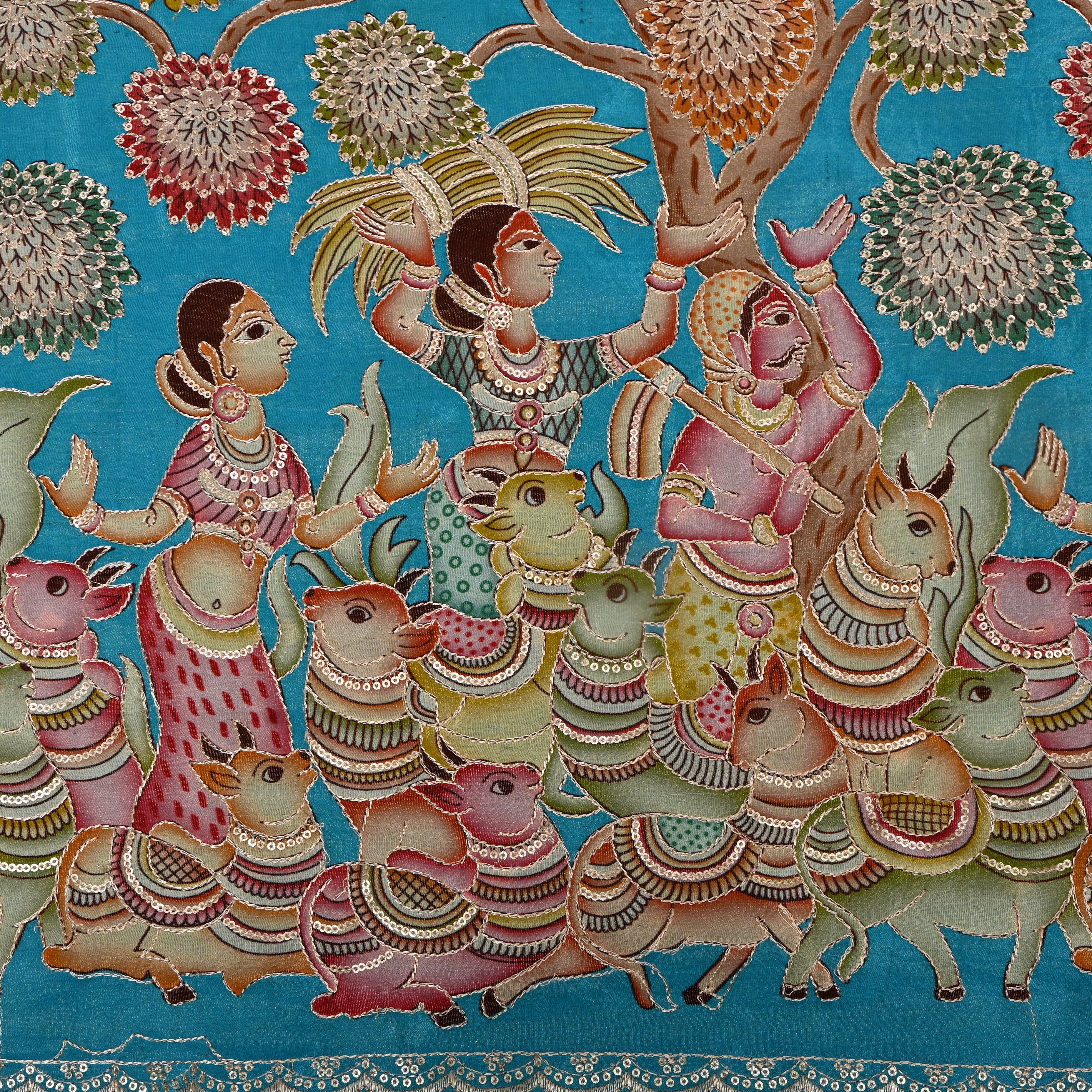 Turquoise Pastoral Pichwai Sequin Embroidery Fabric