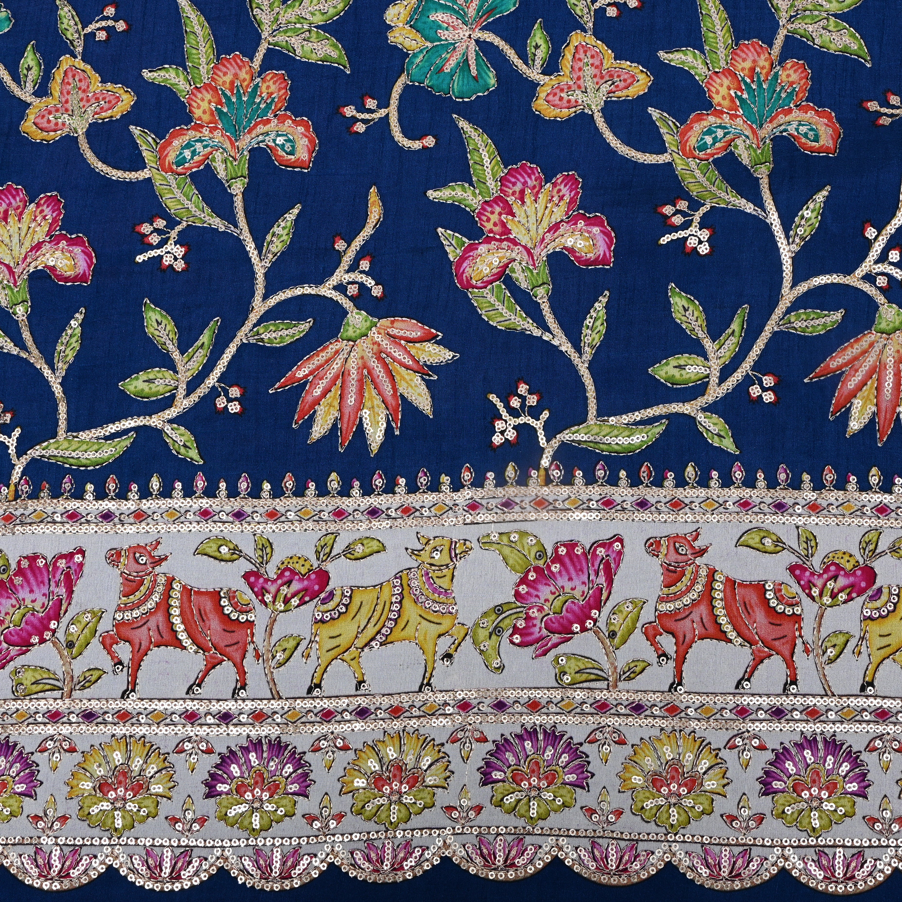 Navy Blue Floral Deer Sequin Border Cotton Fabric
