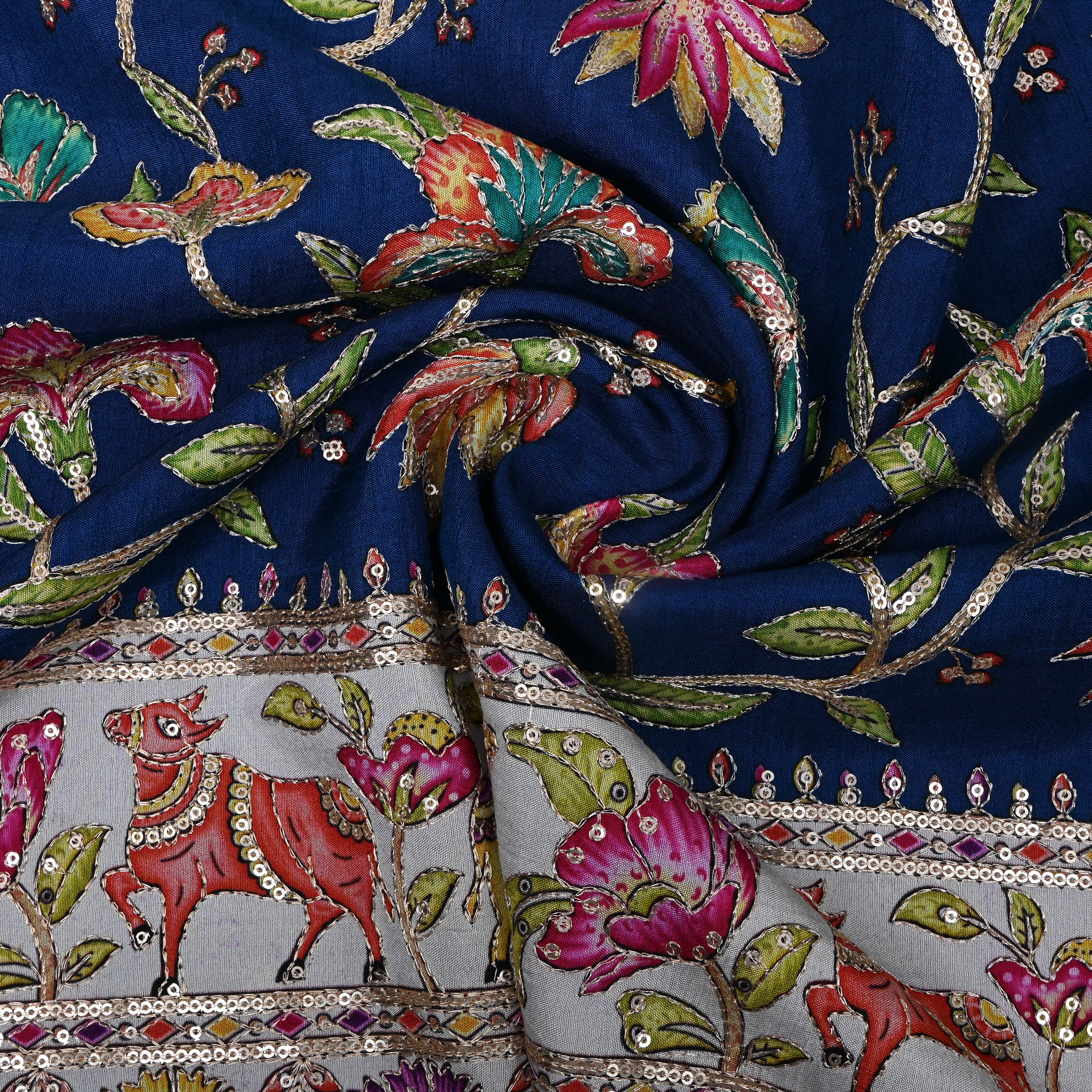 Navy Blue Floral Deer Sequin Border Cotton Fabric