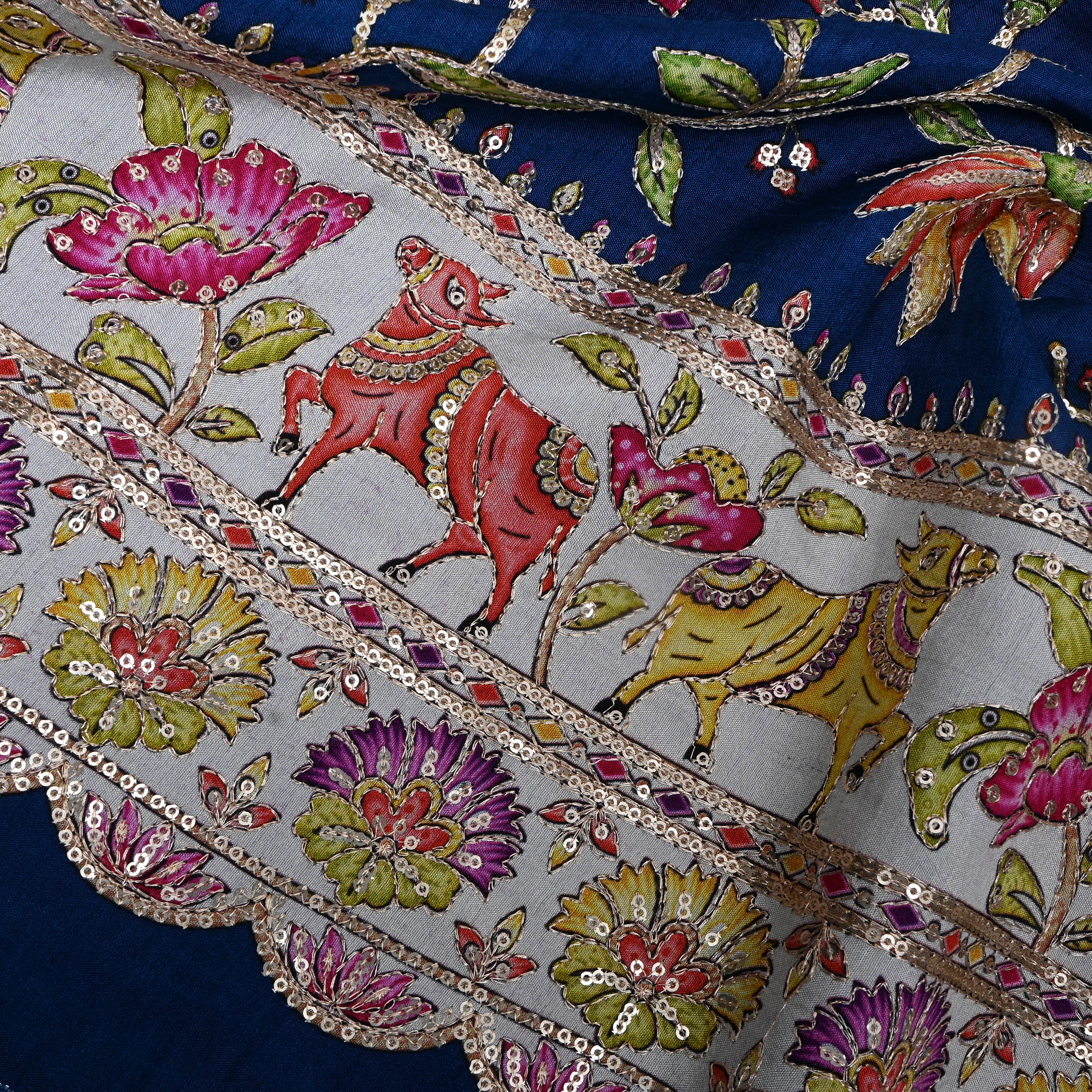 Navy Blue Floral Deer Sequin Border Cotton Fabric