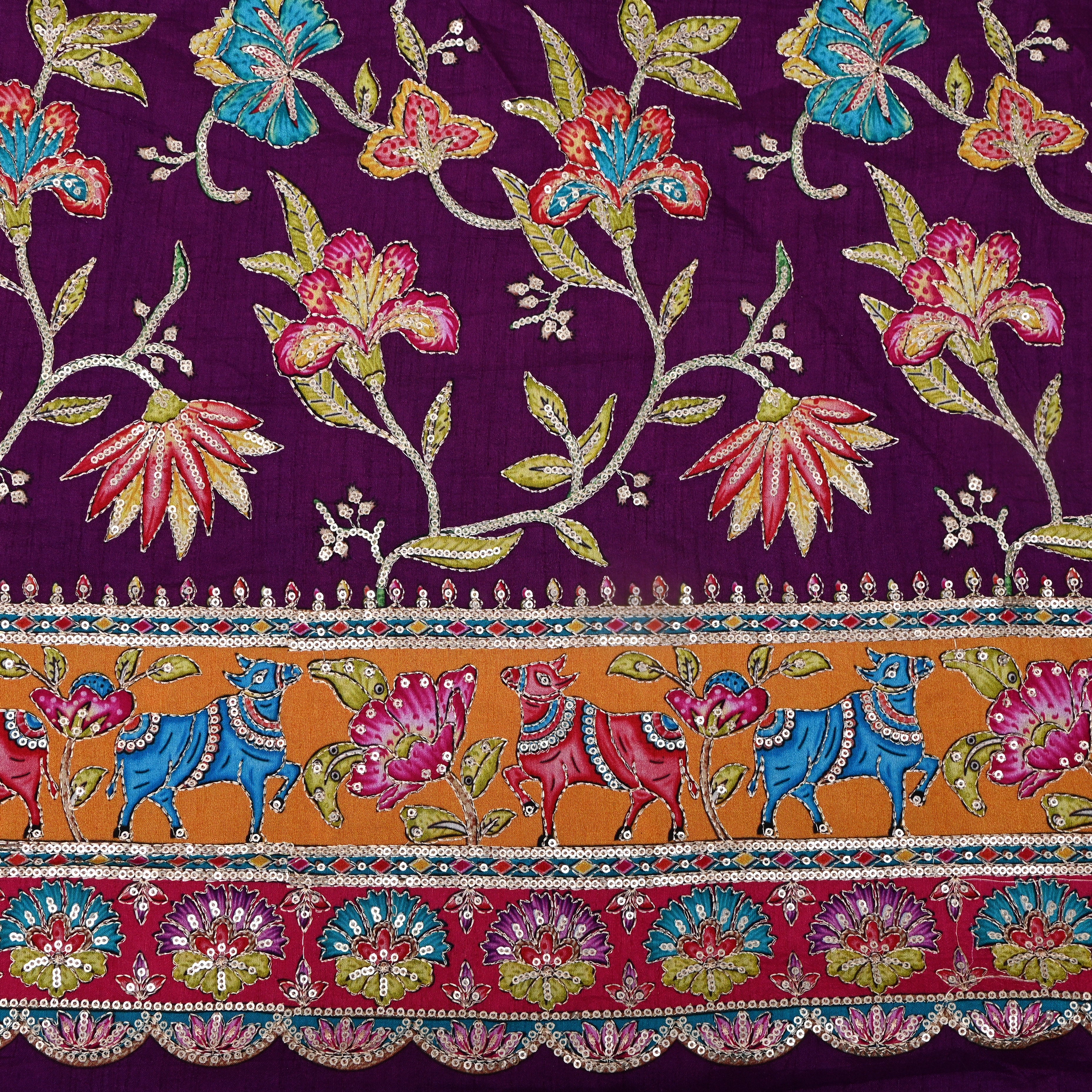 Wine Purple Floral Shikargah Border Sequin Embroidery Cotton Fabric