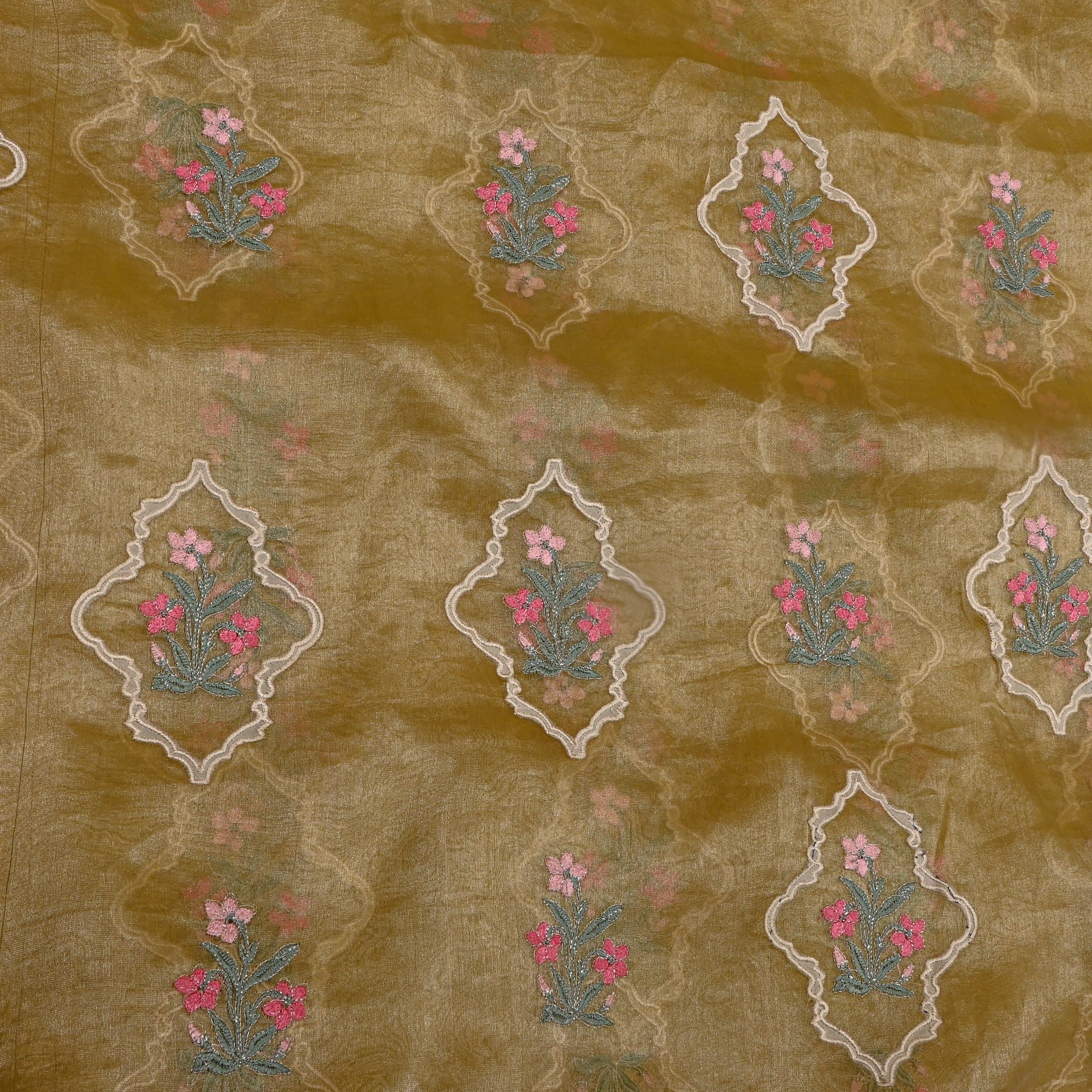 Dark Yellow Tissue Fabric With Gold Floral Thread Work