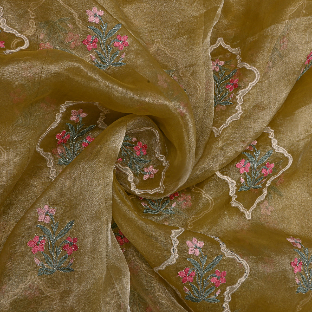 Dark Yellow Tissue Fabric With Gold Floral Thread Work