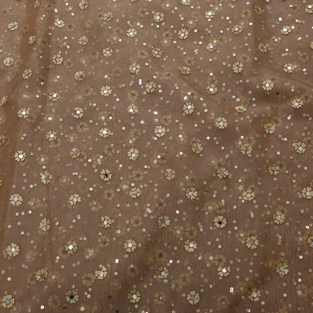 Beige Gold Floral Embroidered Organza Fabric