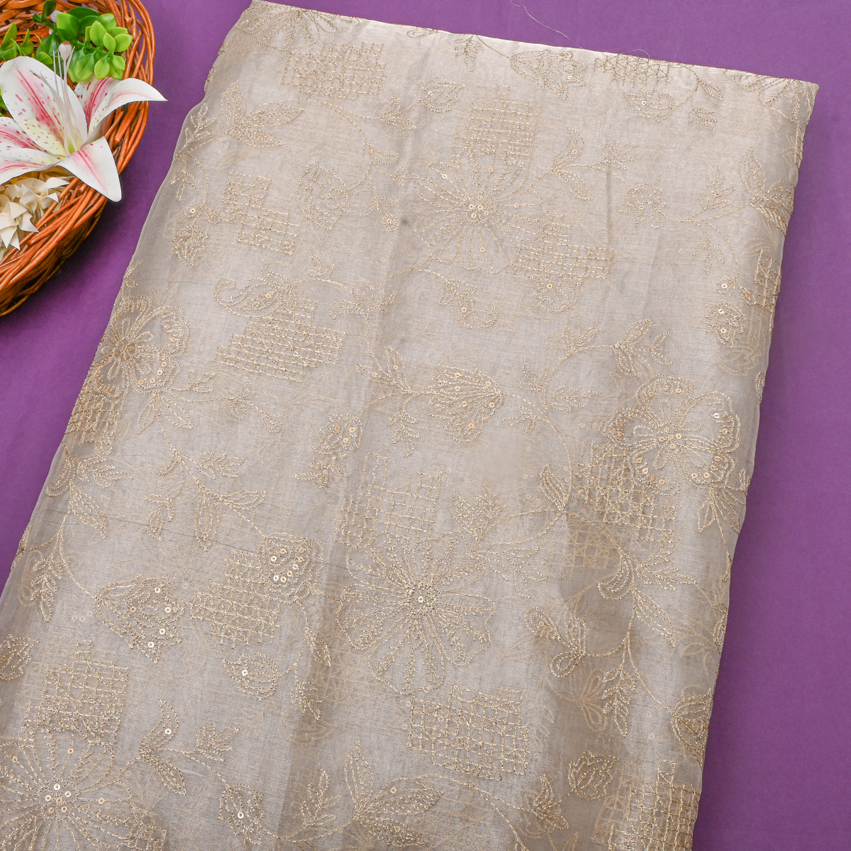 Vanilla Cream Gold Zari Jaal Tissue Fabric