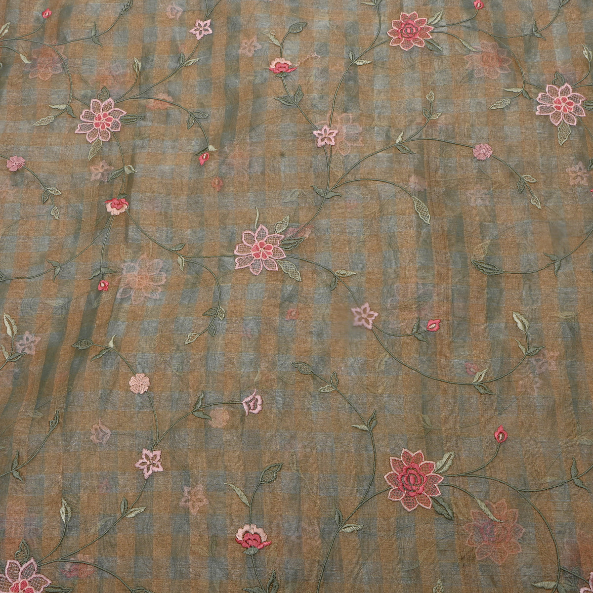 Light Gray Tissue Fabric With Checks And Floral Embellishment