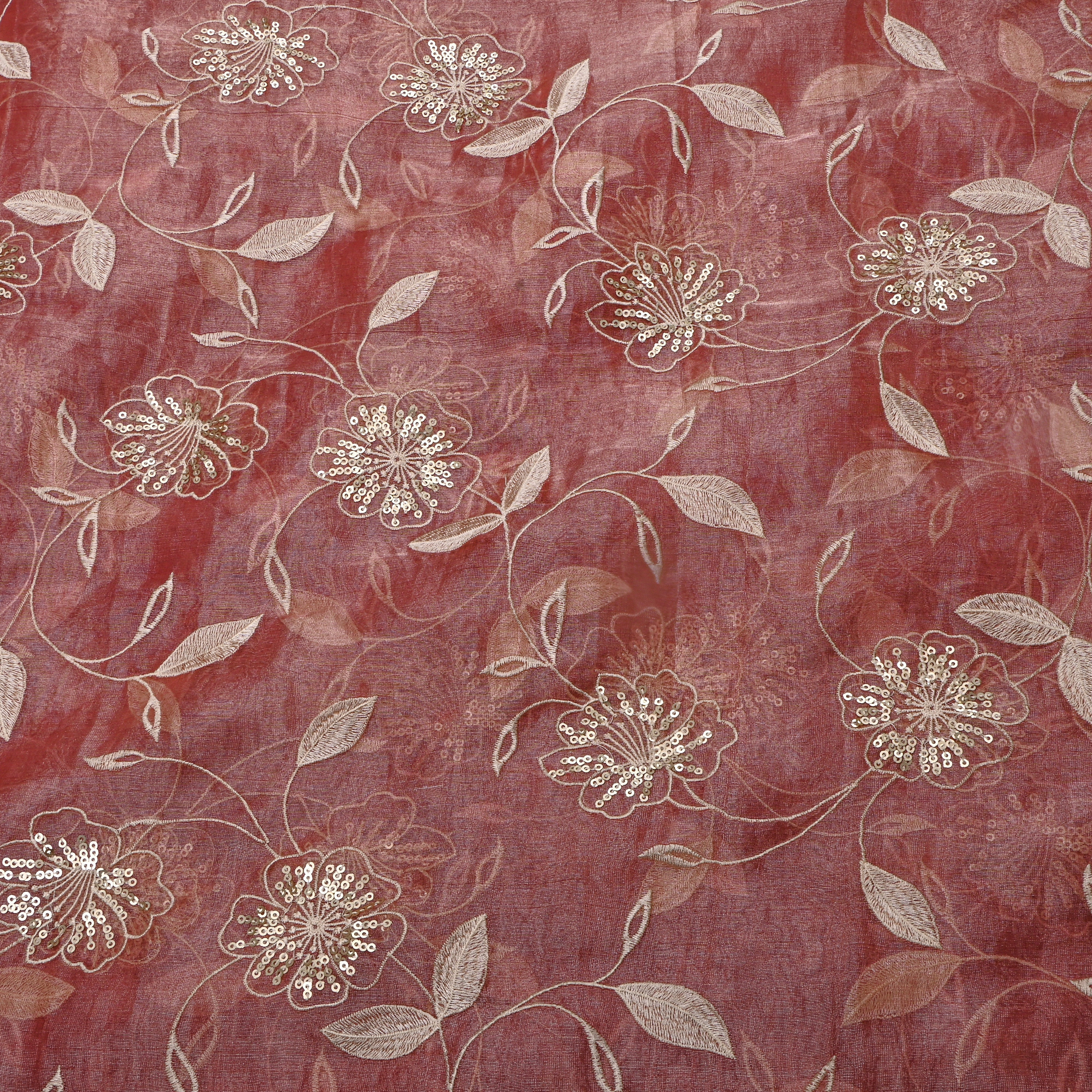 Rust Pink Zari Floral Thread Embroidered Tissue