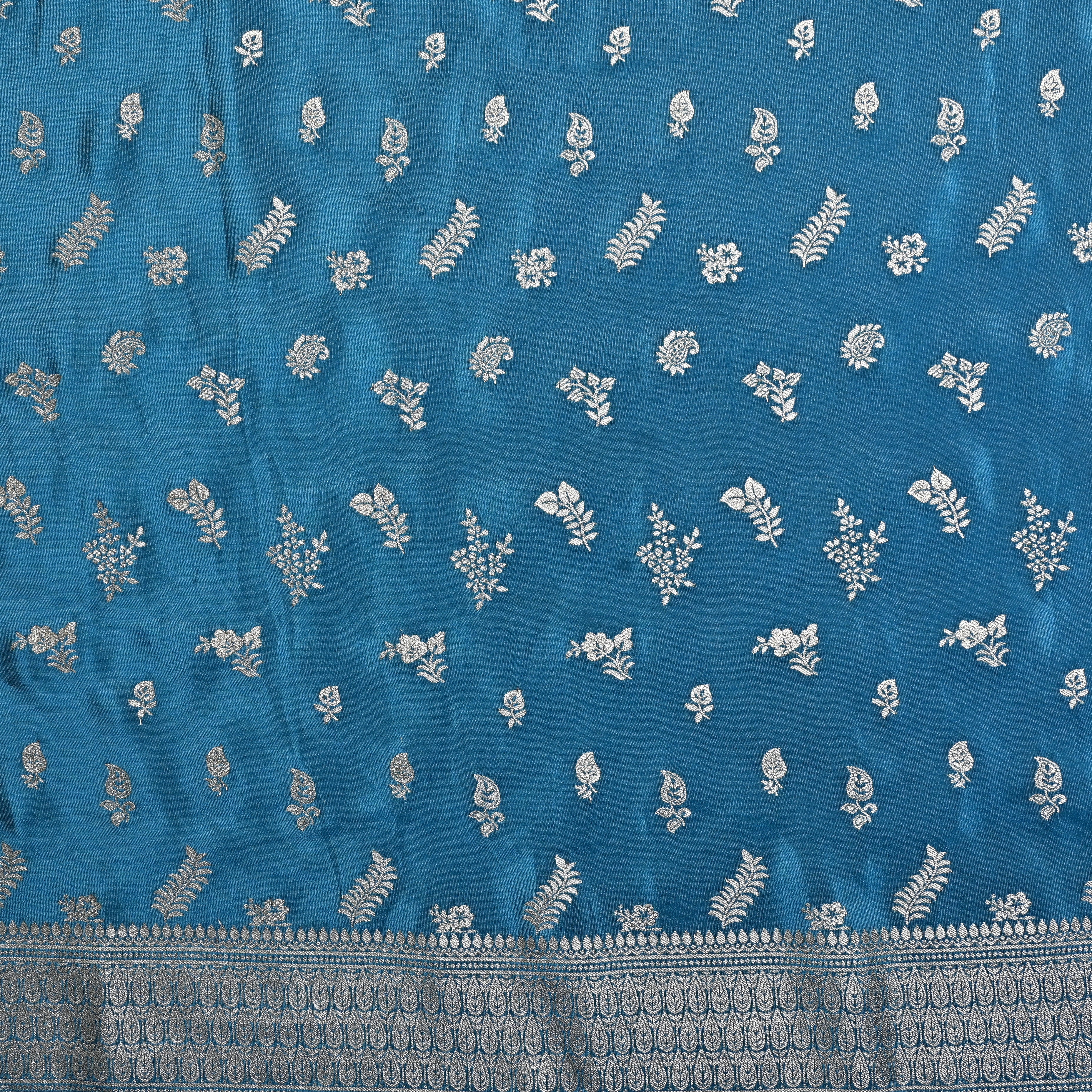 Tufts Blue Jamawar Tissue Fabric With Designer Border