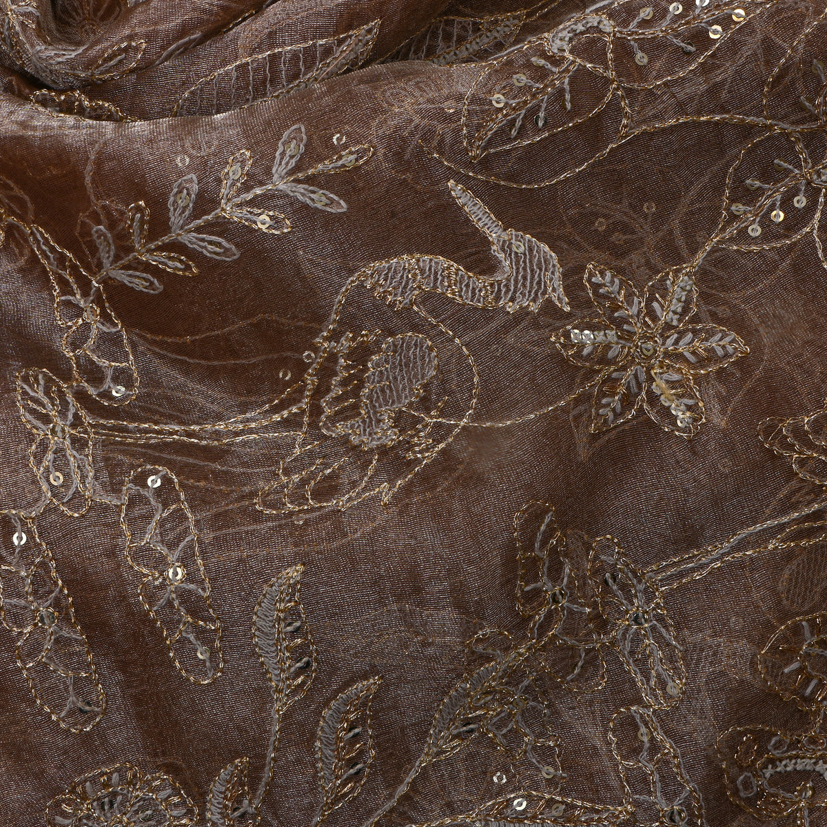 Earthy Brown With Sequin Floral Thread Work Tissue Fabric