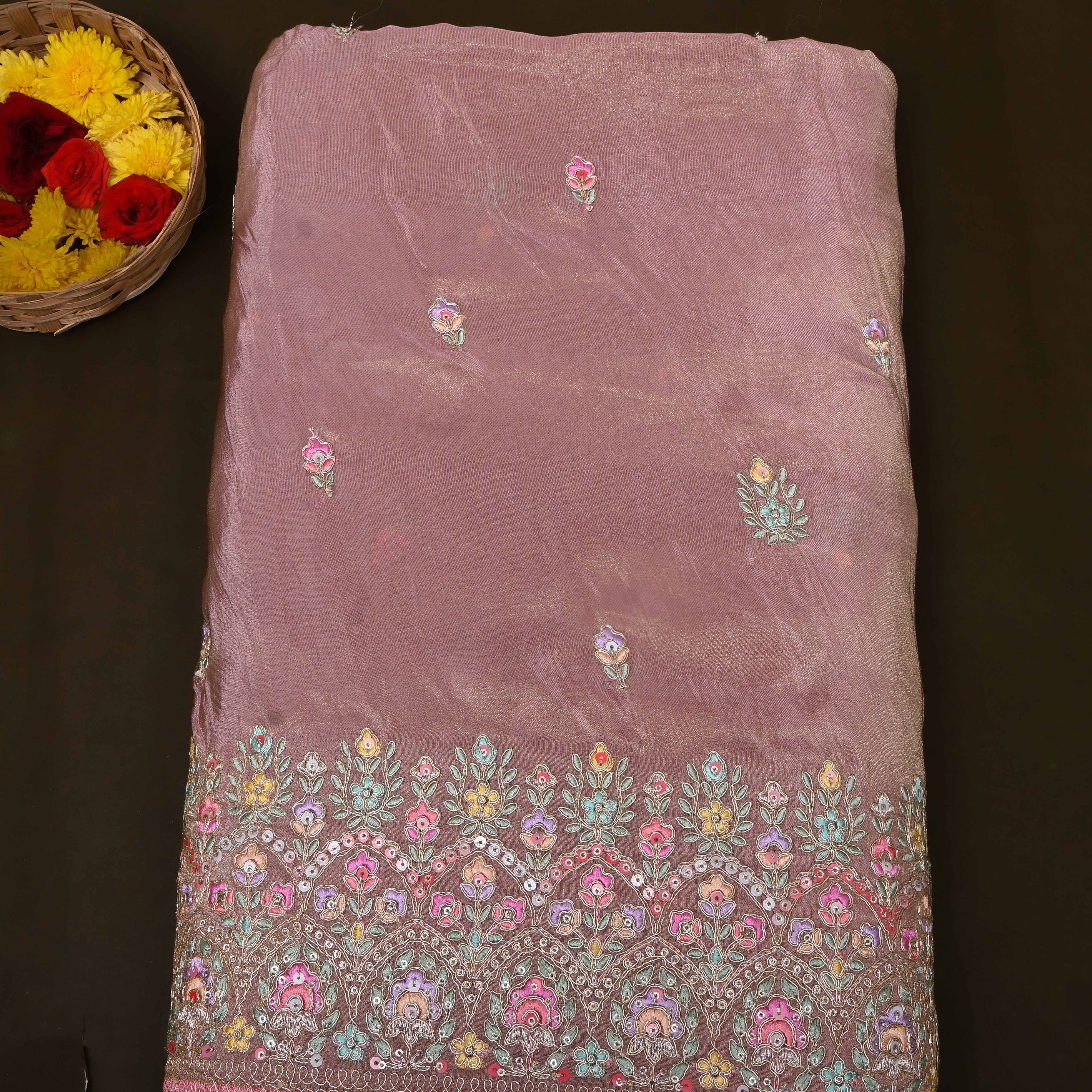 Dusty Mauve Multicolour Floral Sequin Embroidery Tissue Fabric