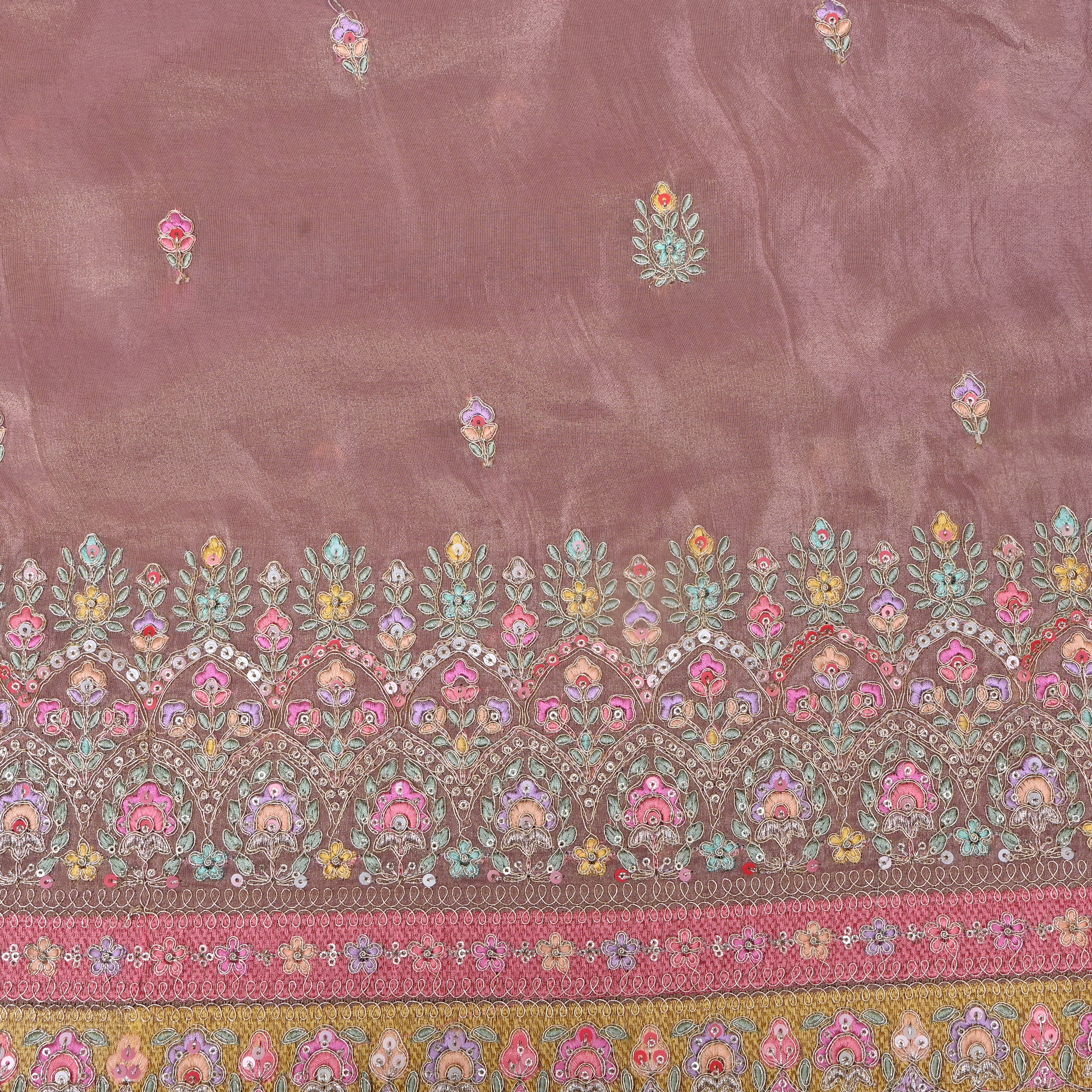 Dusty Mauve Multicolour Floral Sequin Embroidery Tissue Fabric