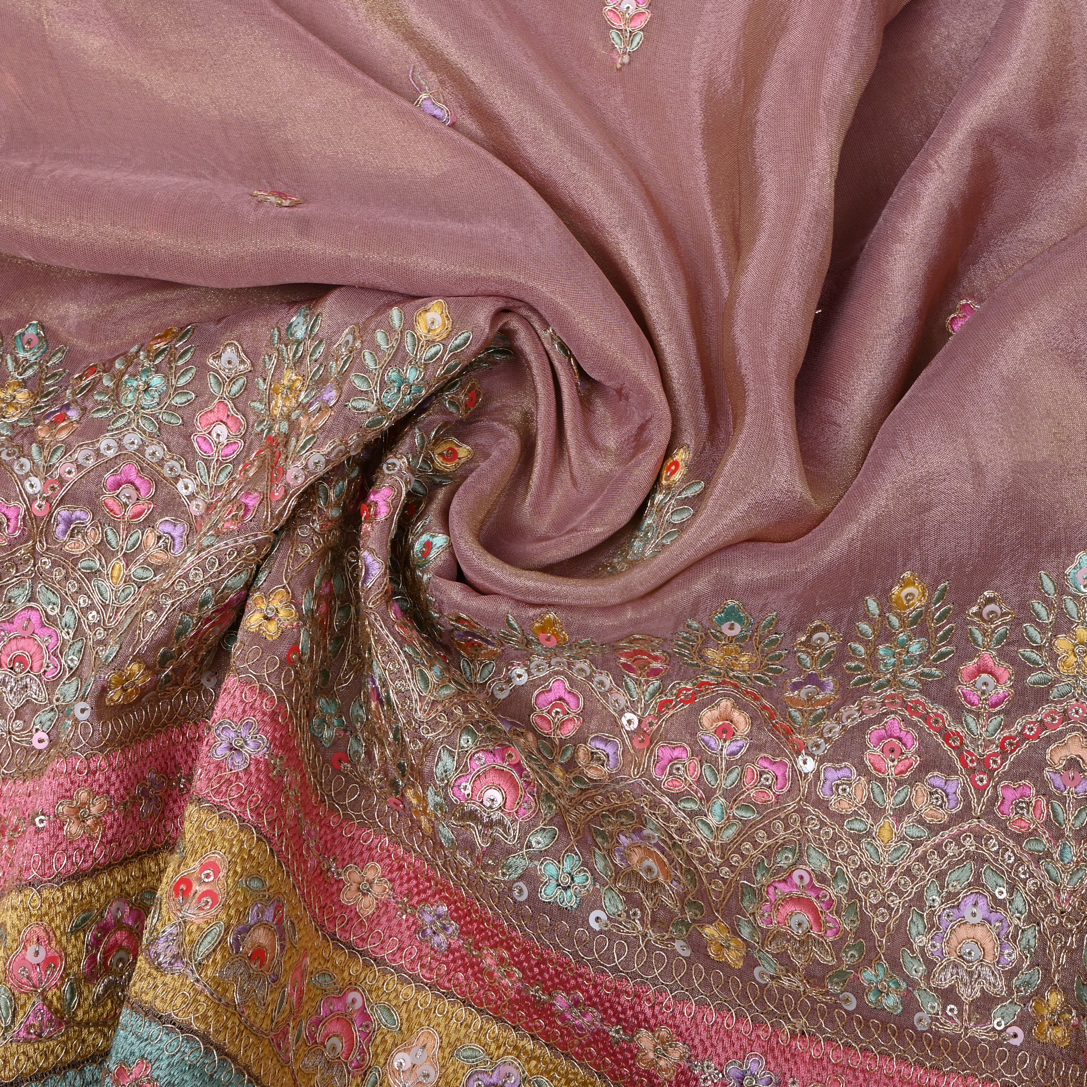 Dusty Mauve Multicolour Floral Sequin Embroidery Tissue Fabric