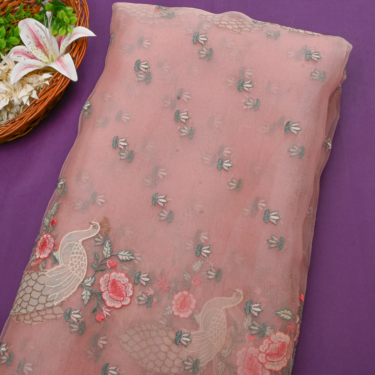 Soft Blush Pink Bird Motif Organza Fabric