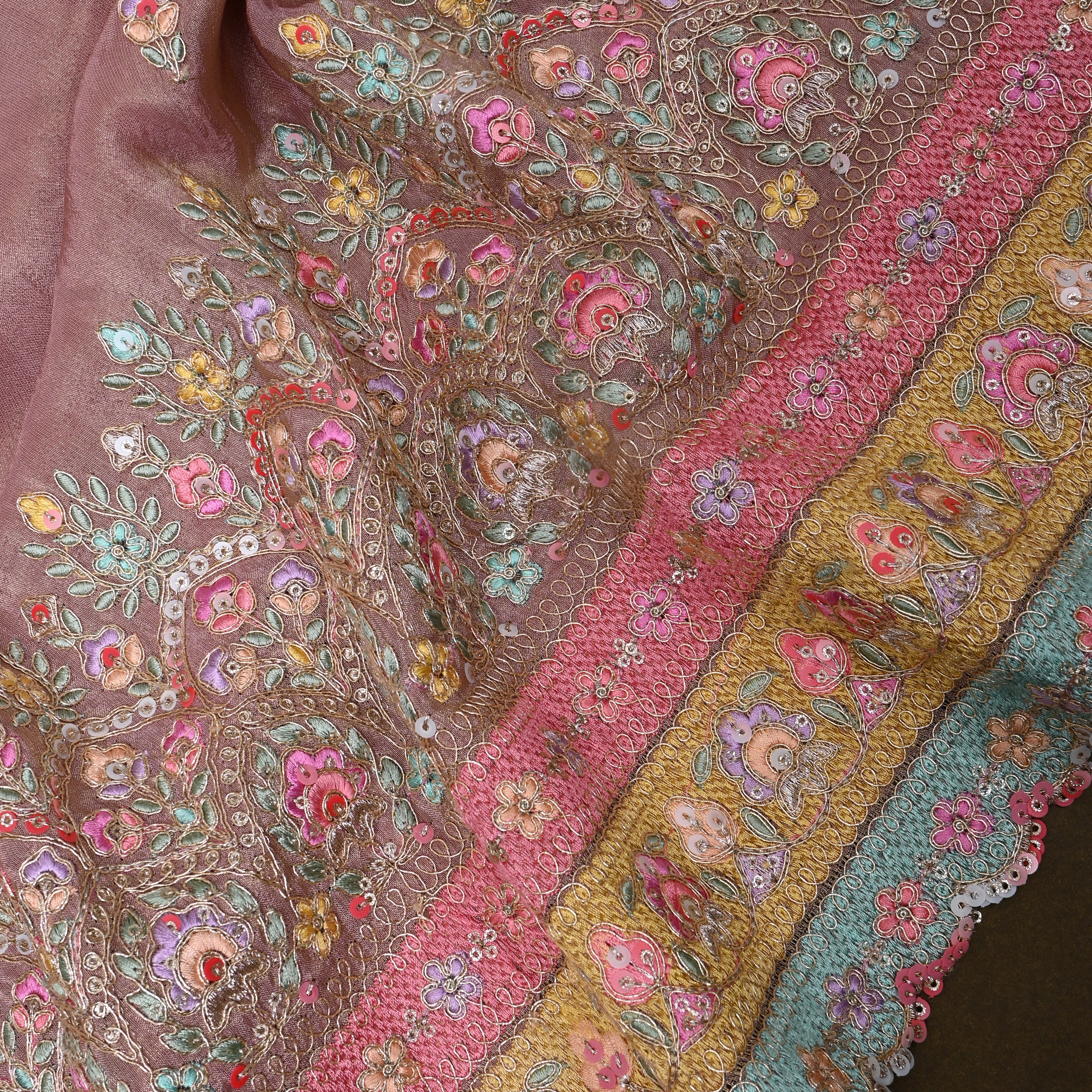 Dusty Mauve Multicolour Floral Sequin Embroidery Tissue Fabric