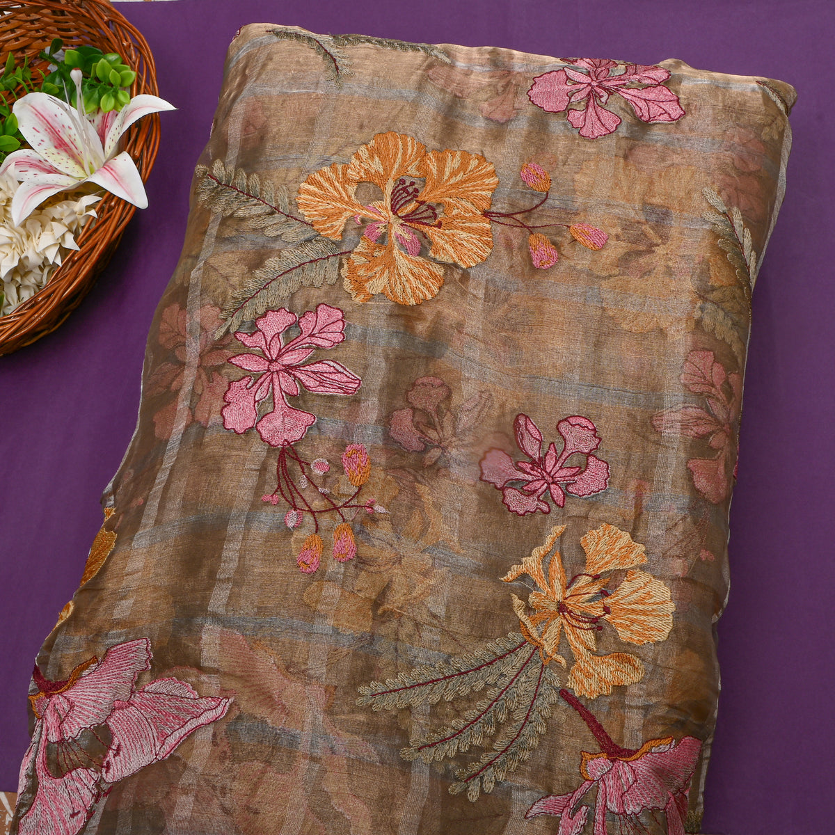 Brown Pink Orange Floral Thread Work Tissue Fabric