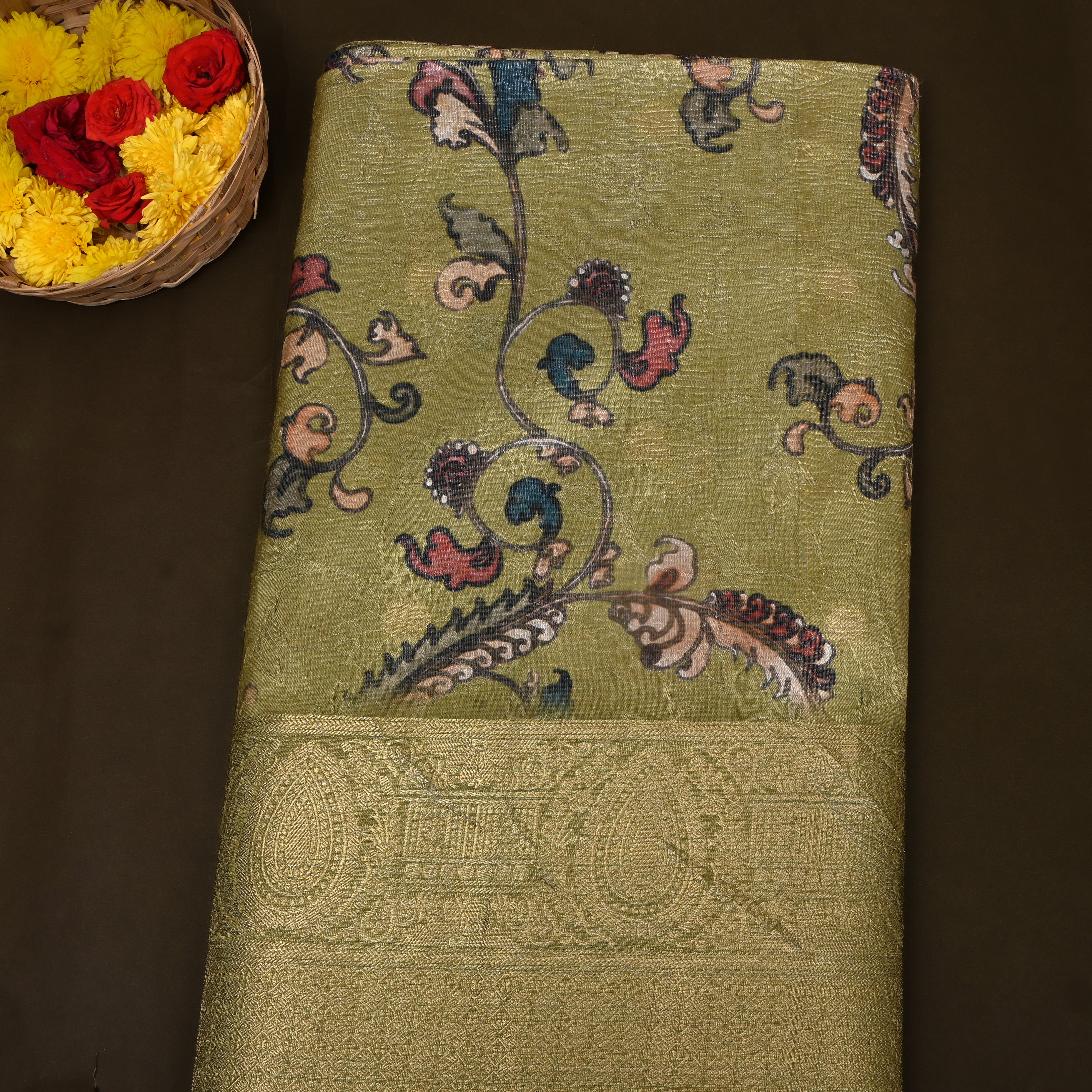Olive Green Printed Silk With Self-Tone Kalka Border