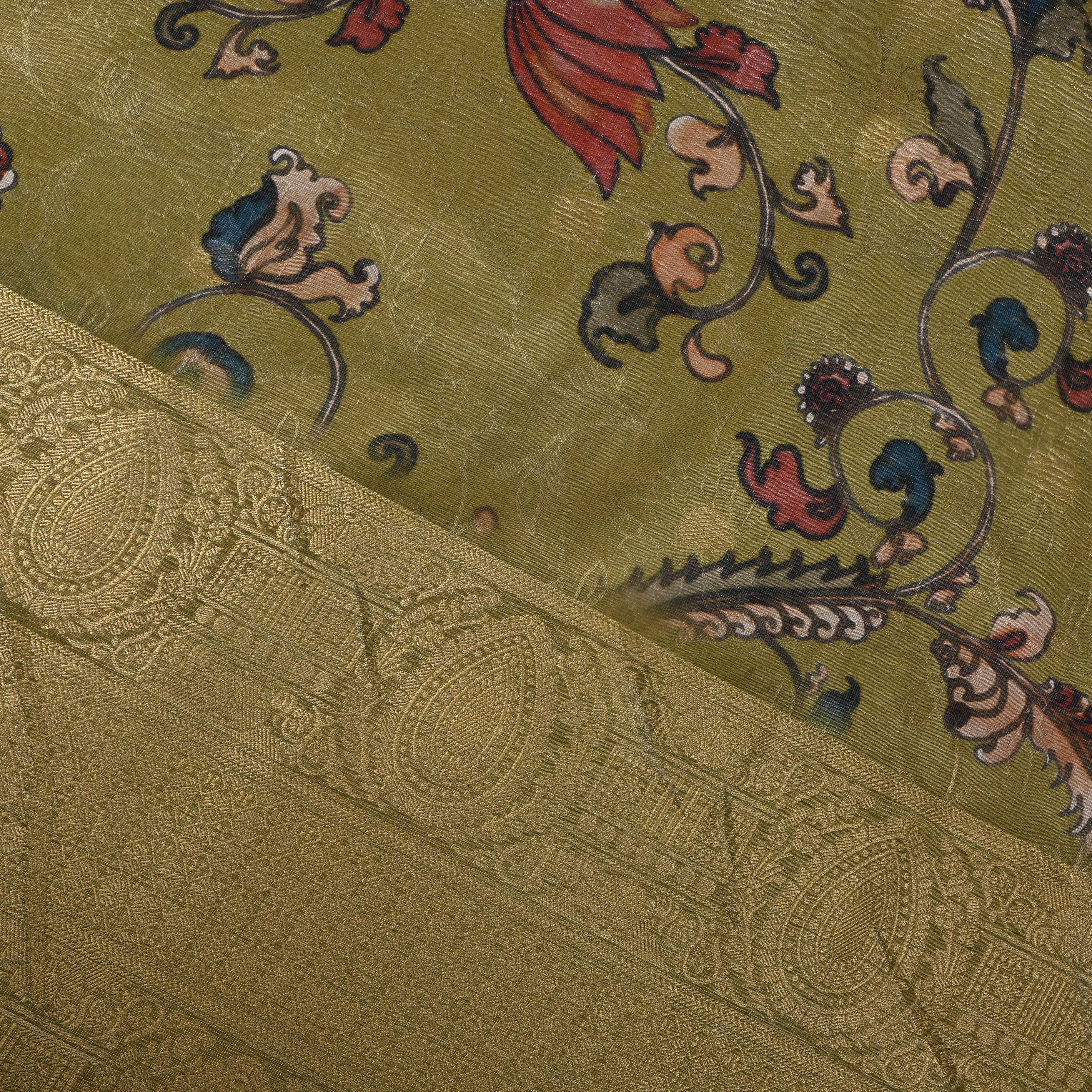 Olive Green Printed Silk With Self-Tone Kalka Border
