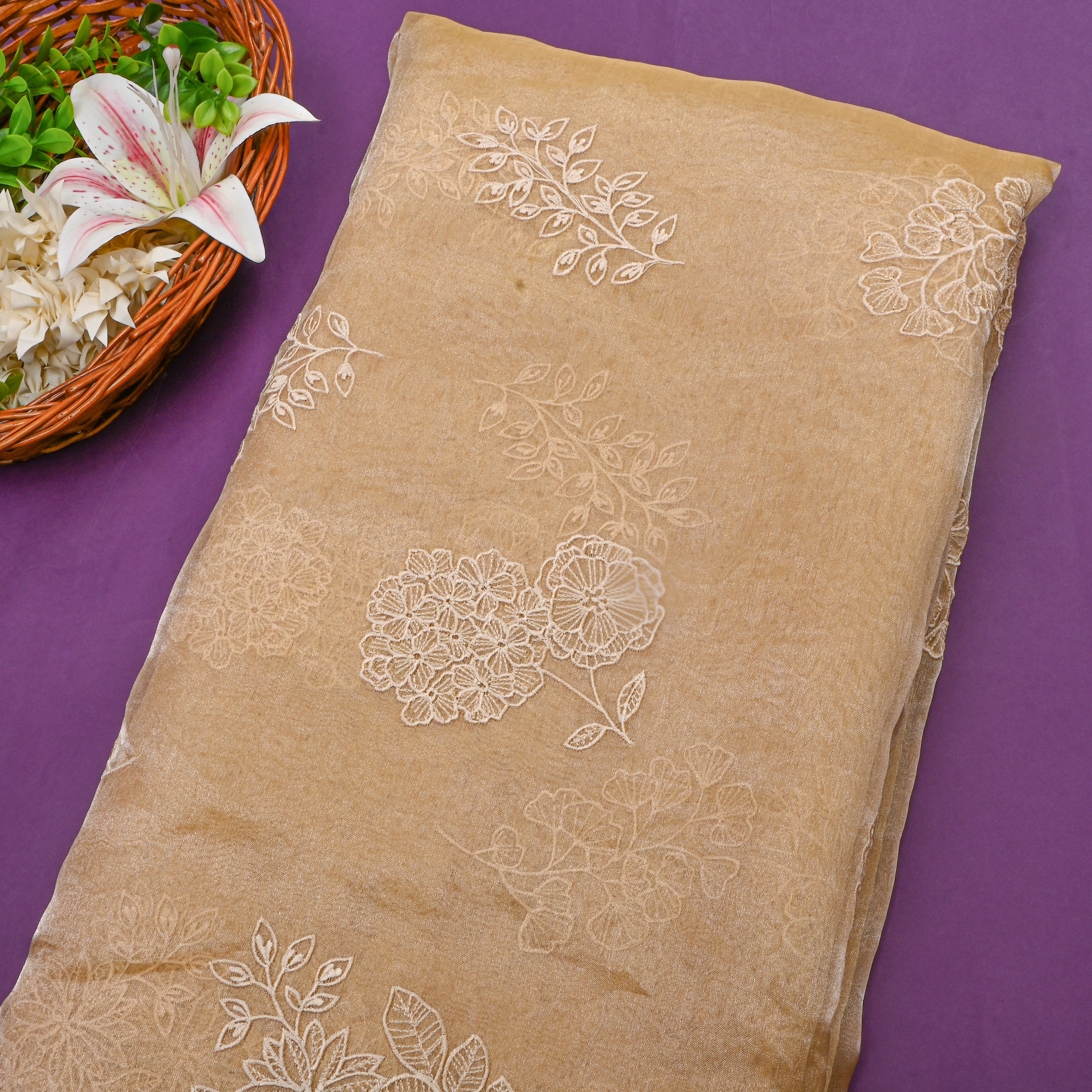 Golden Beige Floral Thread Work Tissue Fabric