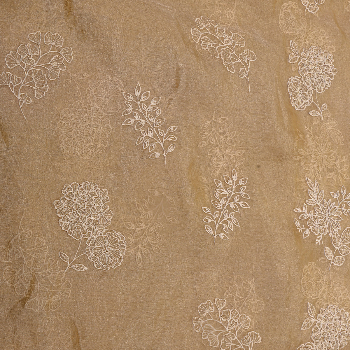 Golden Beige Floral Thread Work Tissue Fabric