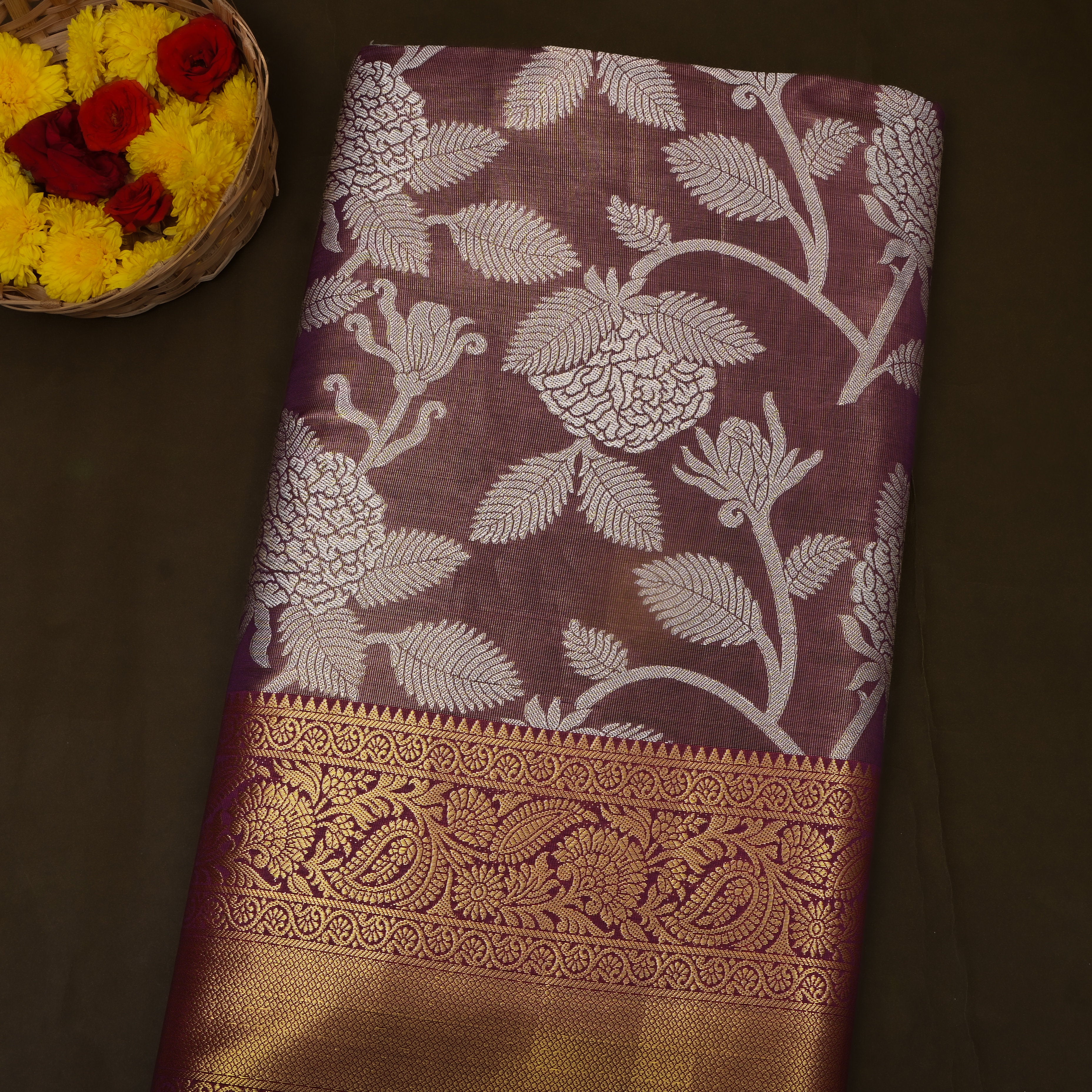 Espresso Brown Antique Gold Floral Jaal Kanchi Fabric