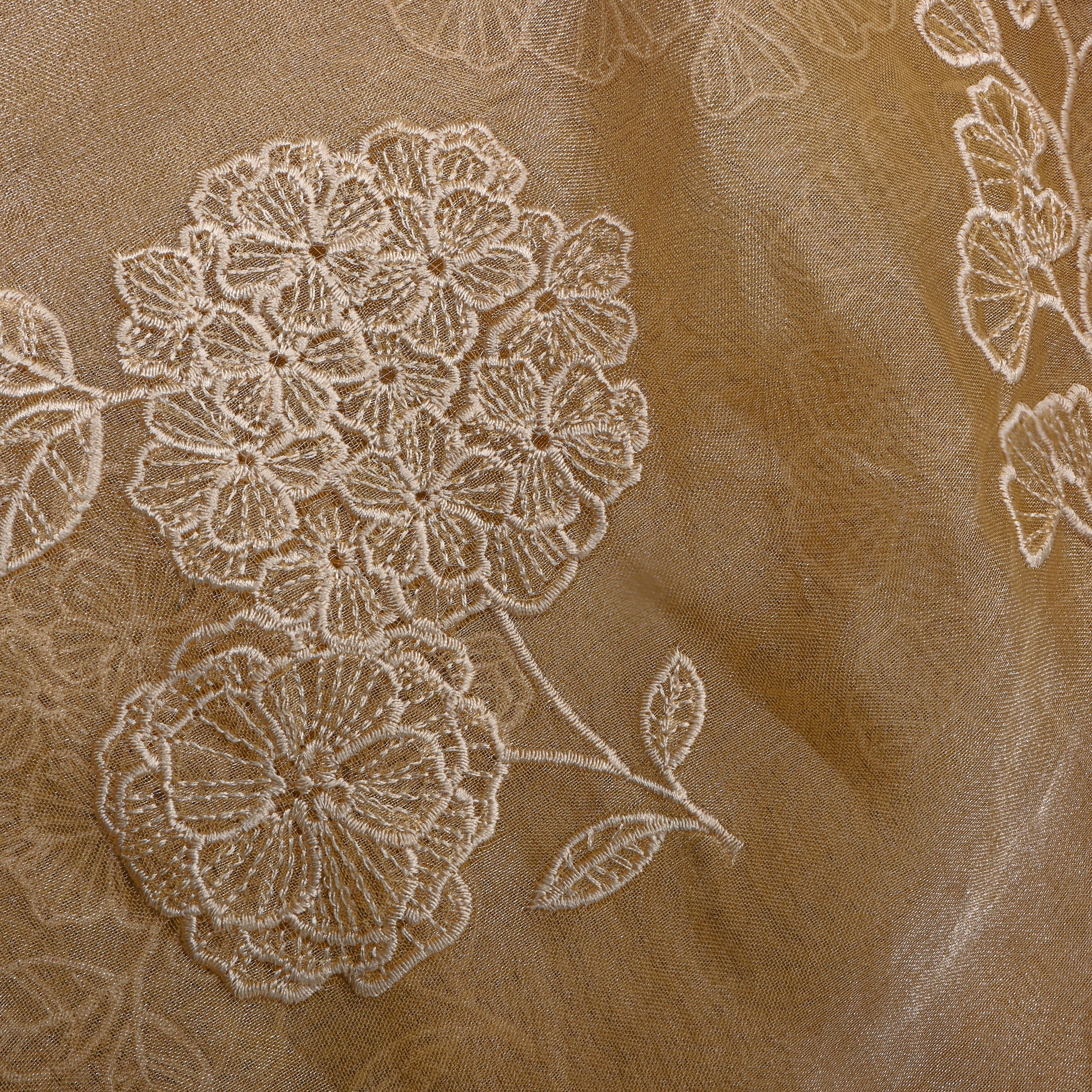 Golden Beige Floral Thread Work Tissue Fabric