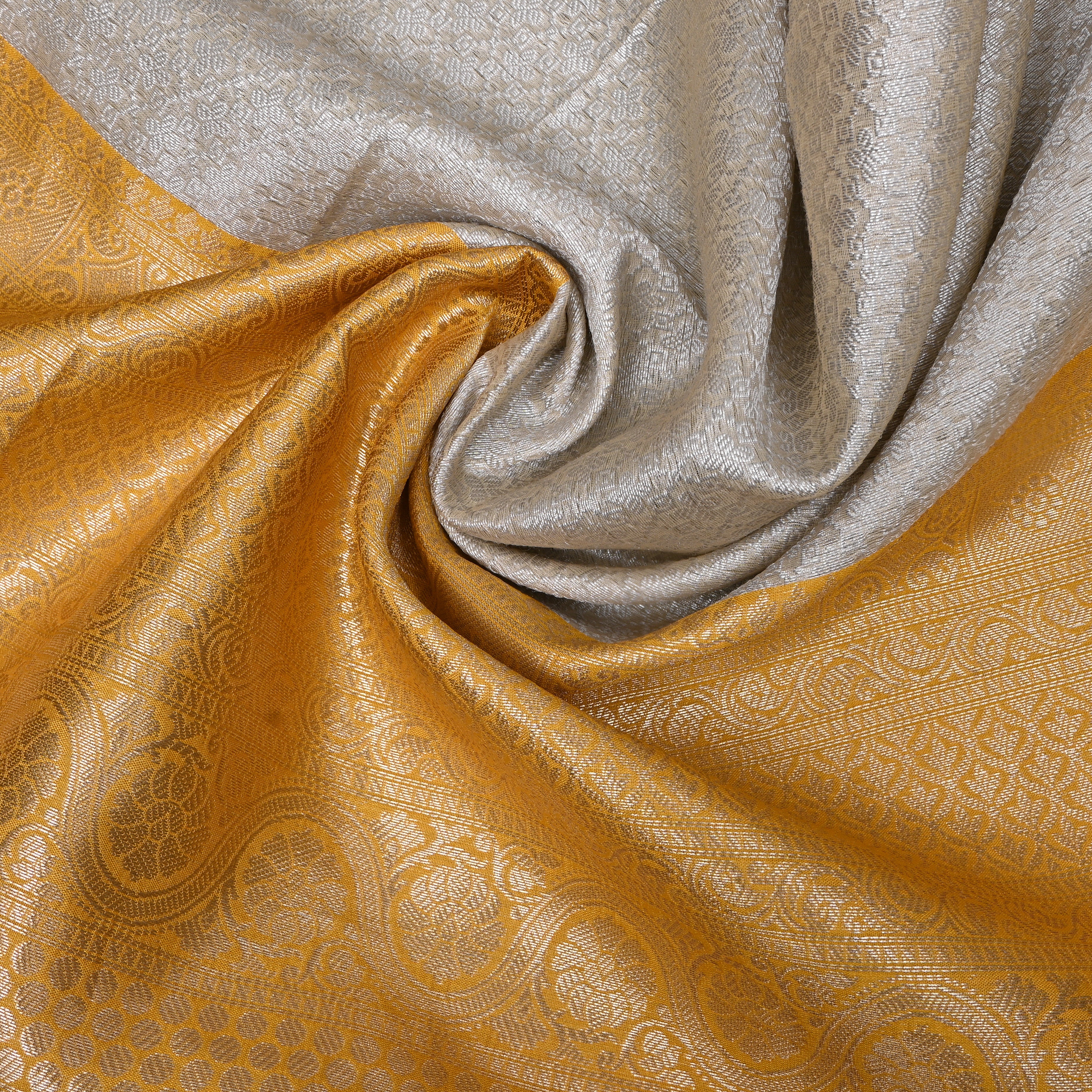 Silver Mustard Trellis Border Jamawar Silk Fabric