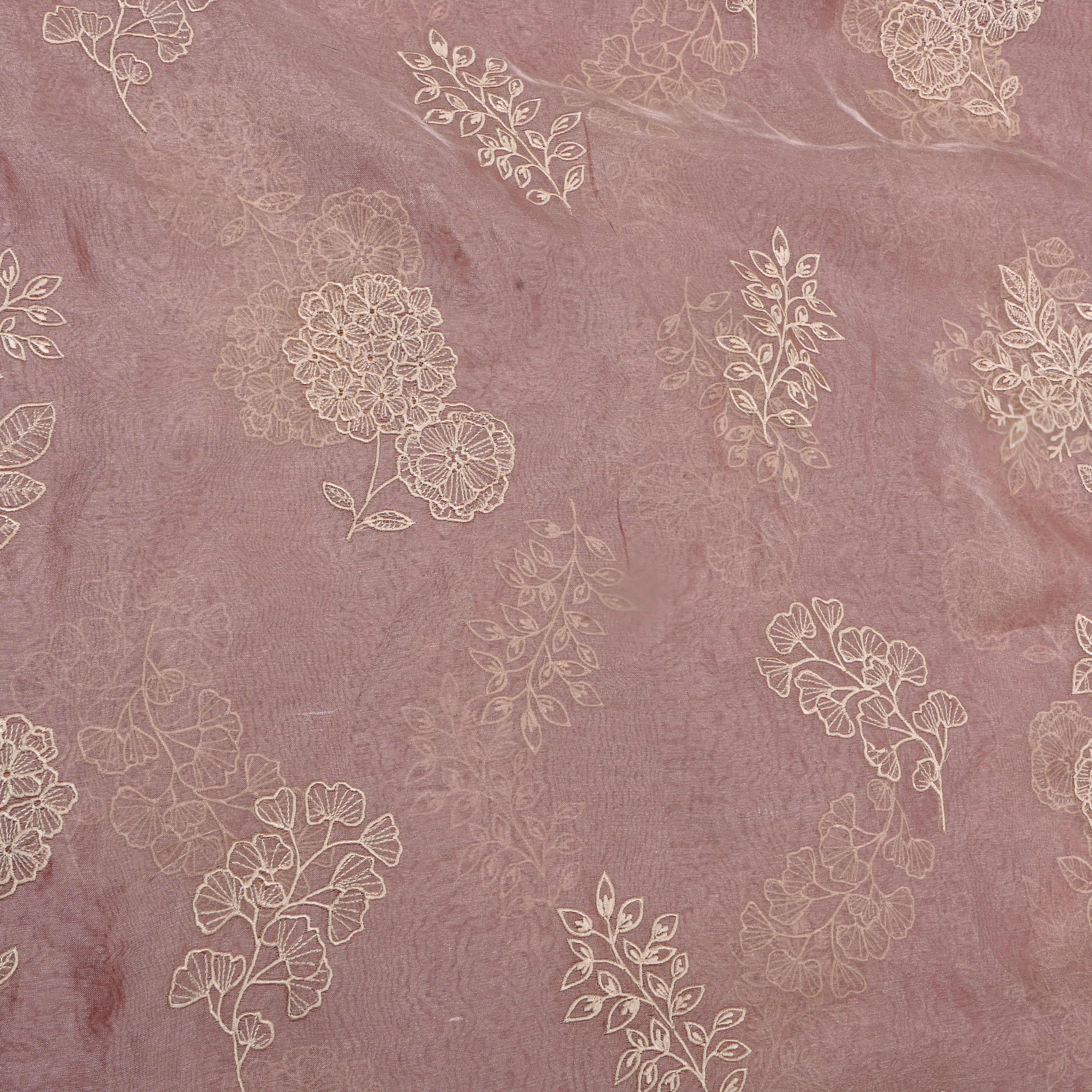 Pink Floral Thread Work Embroidery Tissue Fabric