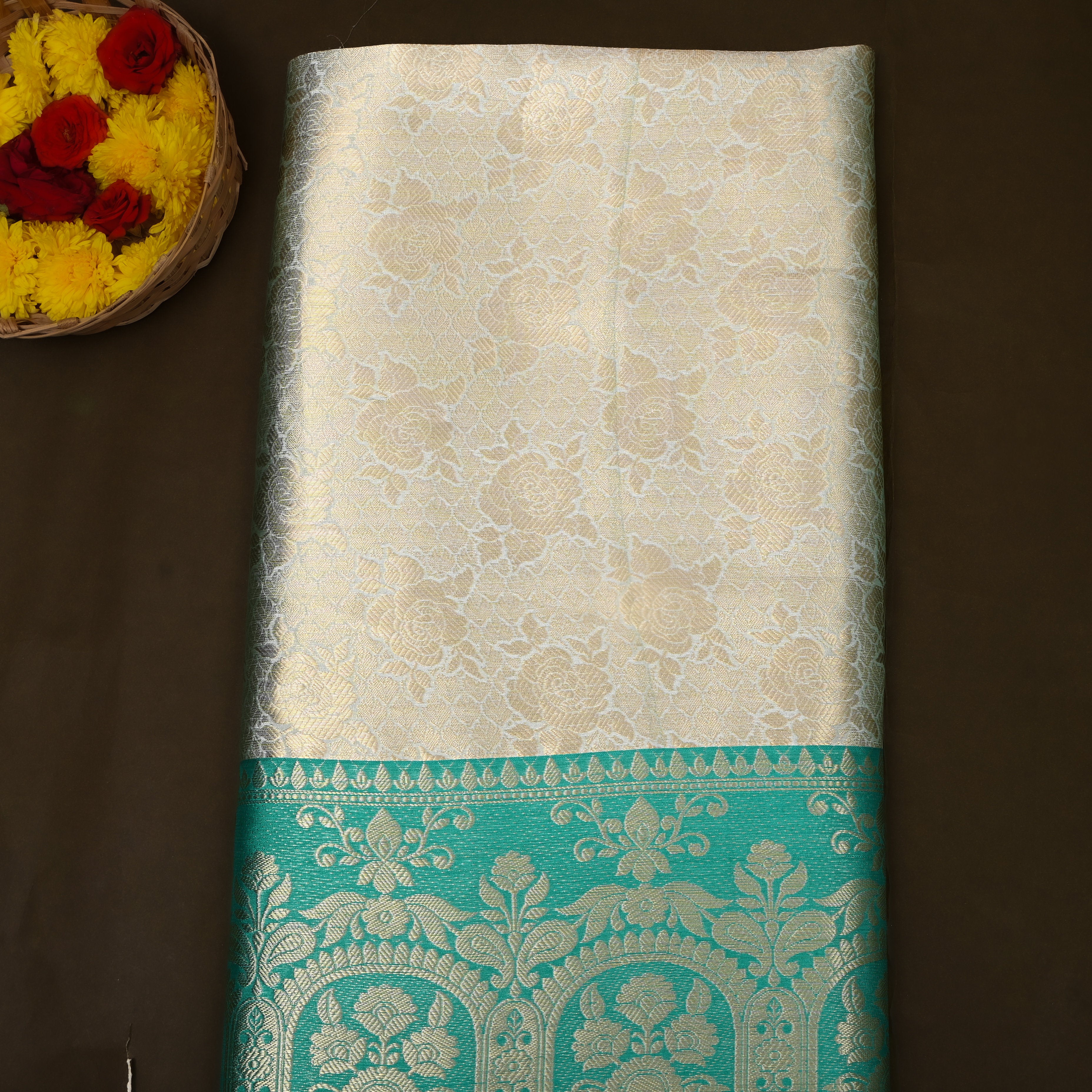 Ivory Sea Green Temple Border Jamawar Silk Fabric