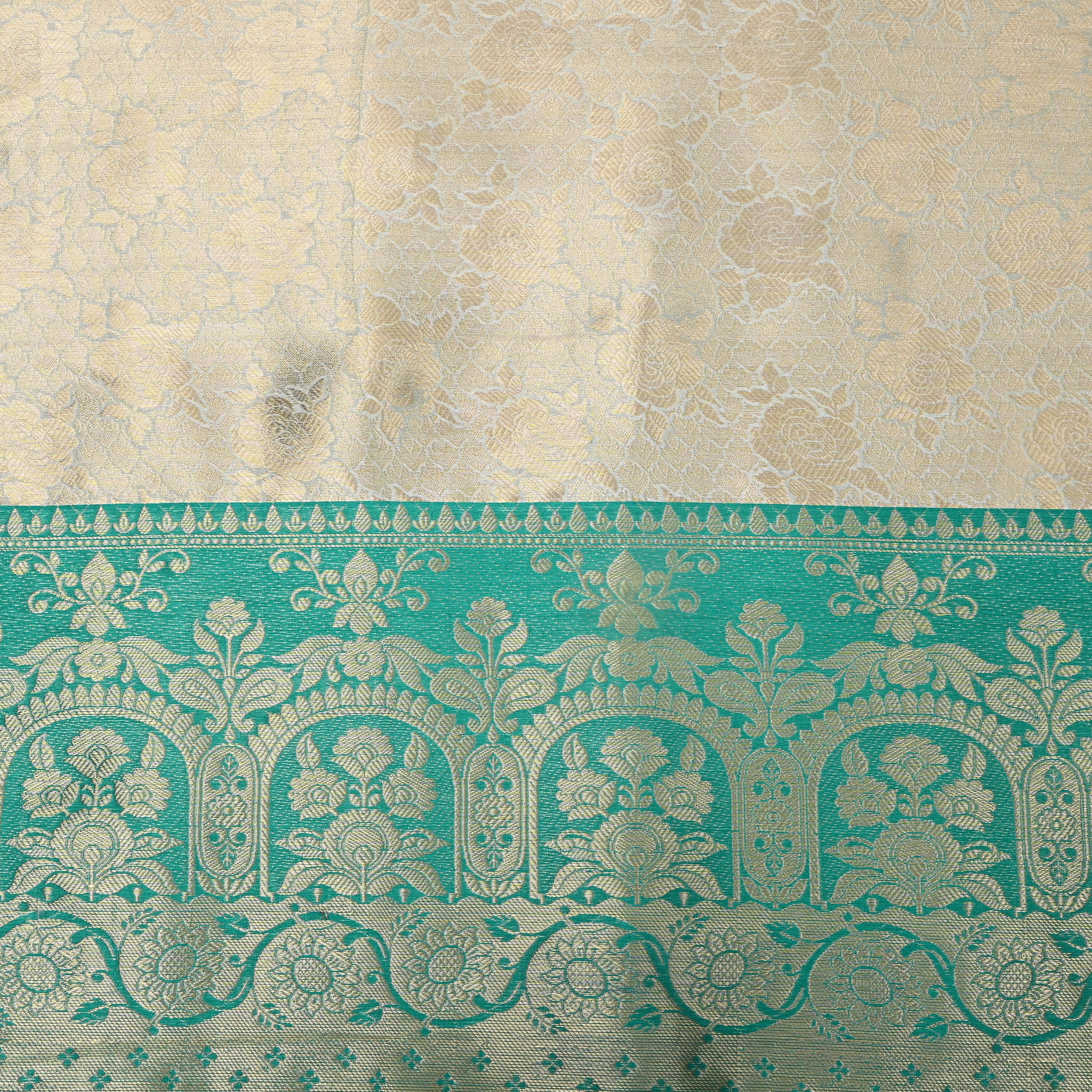 Ivory Sea Green Temple Border Jamawar Silk Fabric
