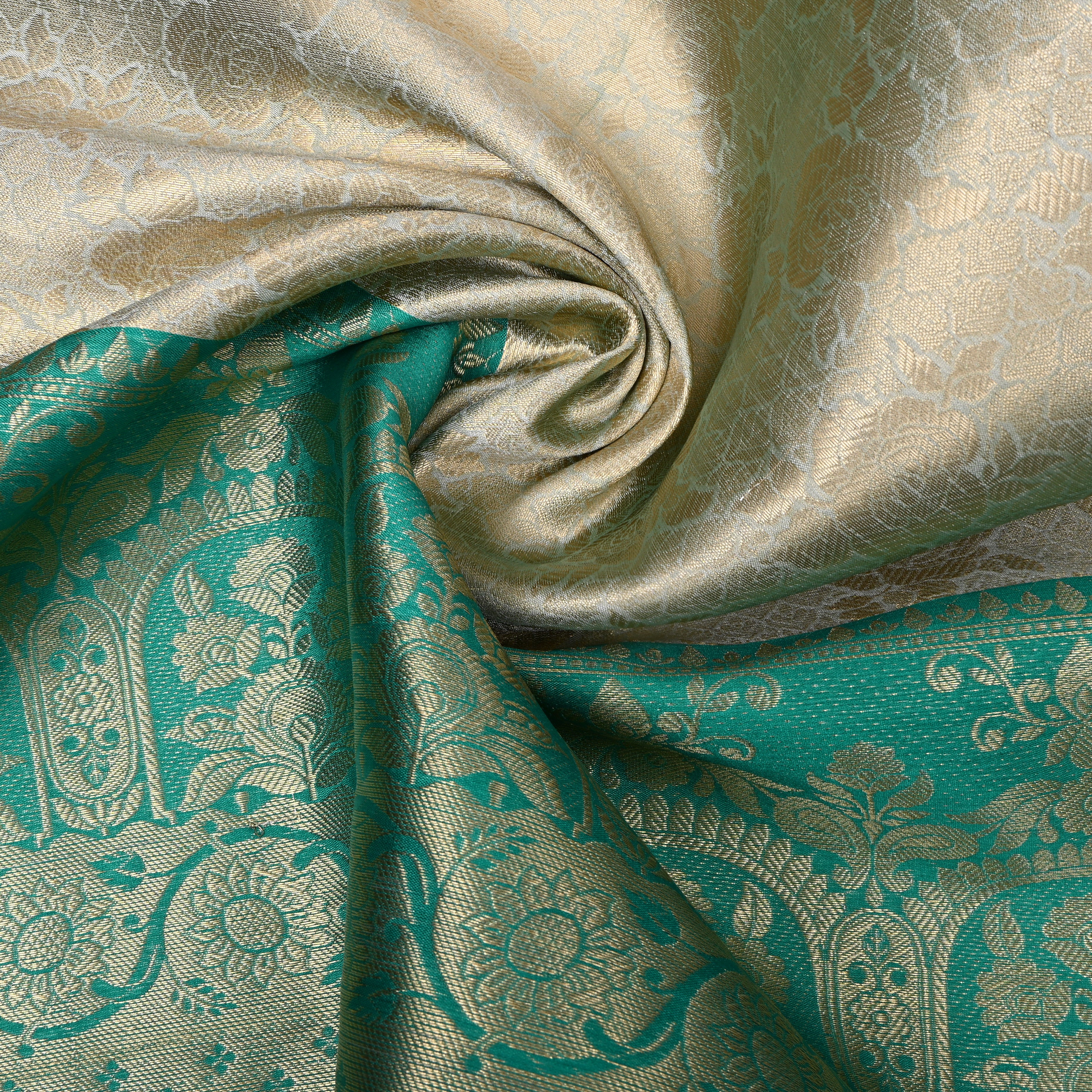 Ivory Sea Green Temple Border Jamawar Silk Fabric