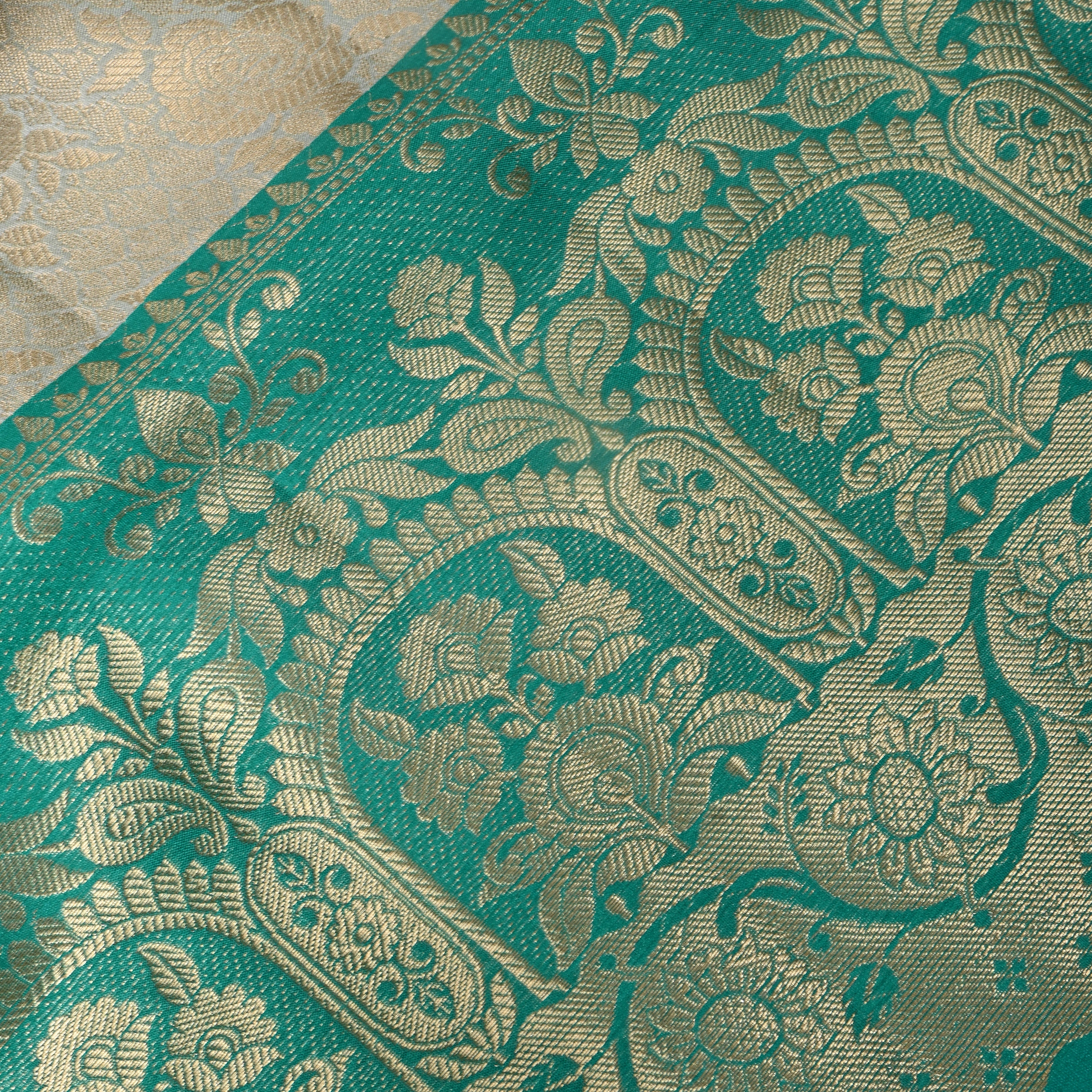 Ivory Sea Green Temple Border Jamawar Silk Fabric