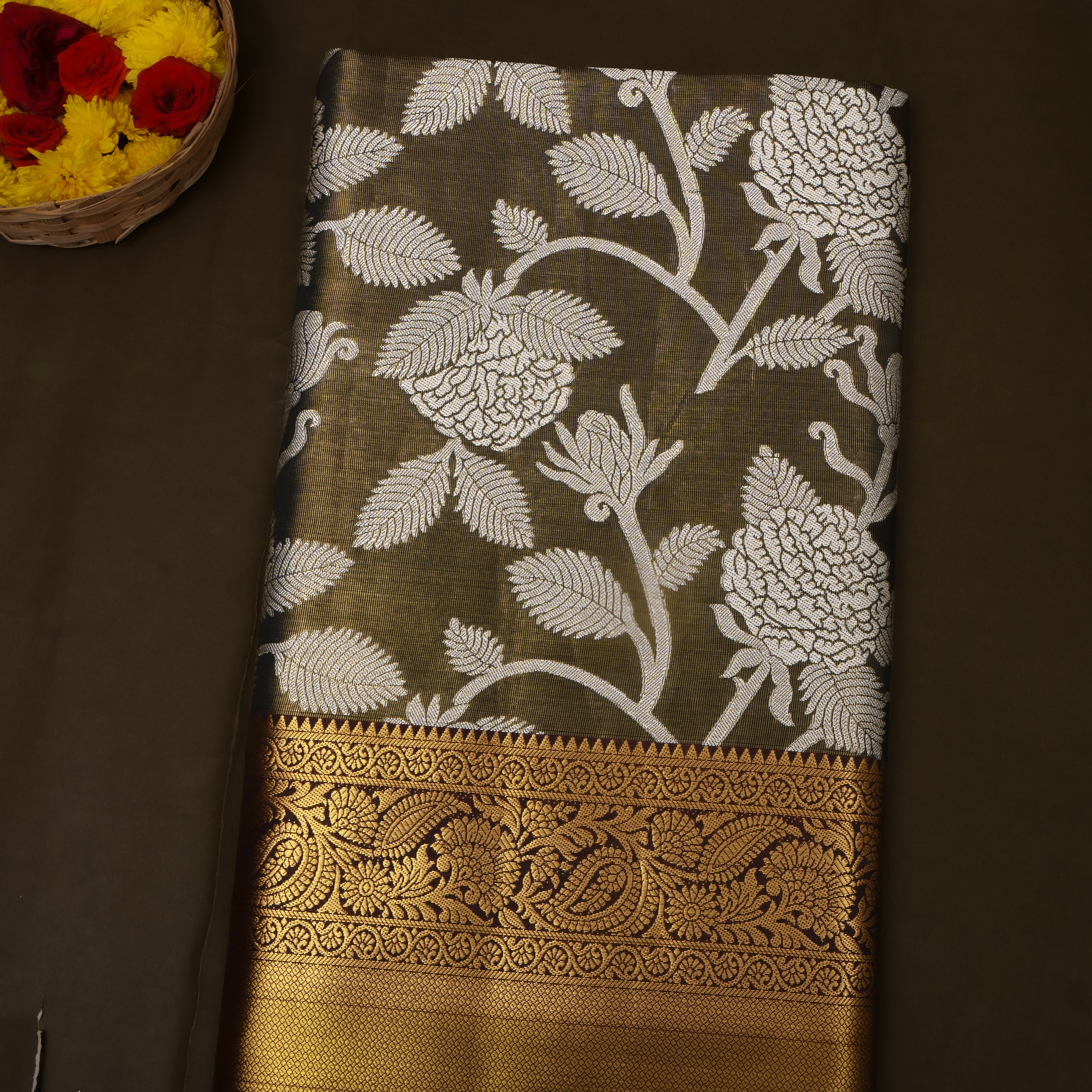 Lignt Brown Antique Gold Floral Jaal Kanchi Fabric