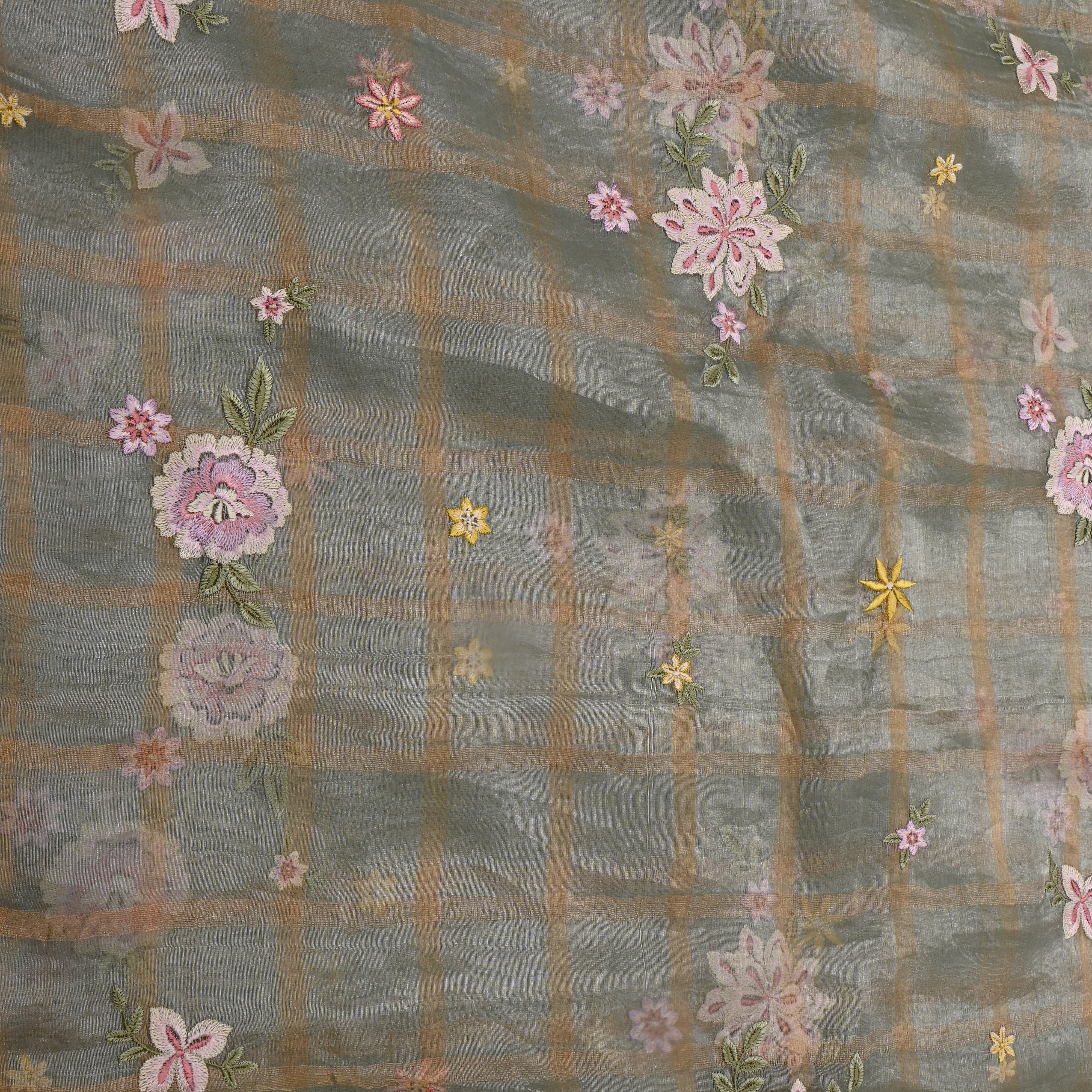 Gray Tissue Fabric With Checks And Floral Embellishment