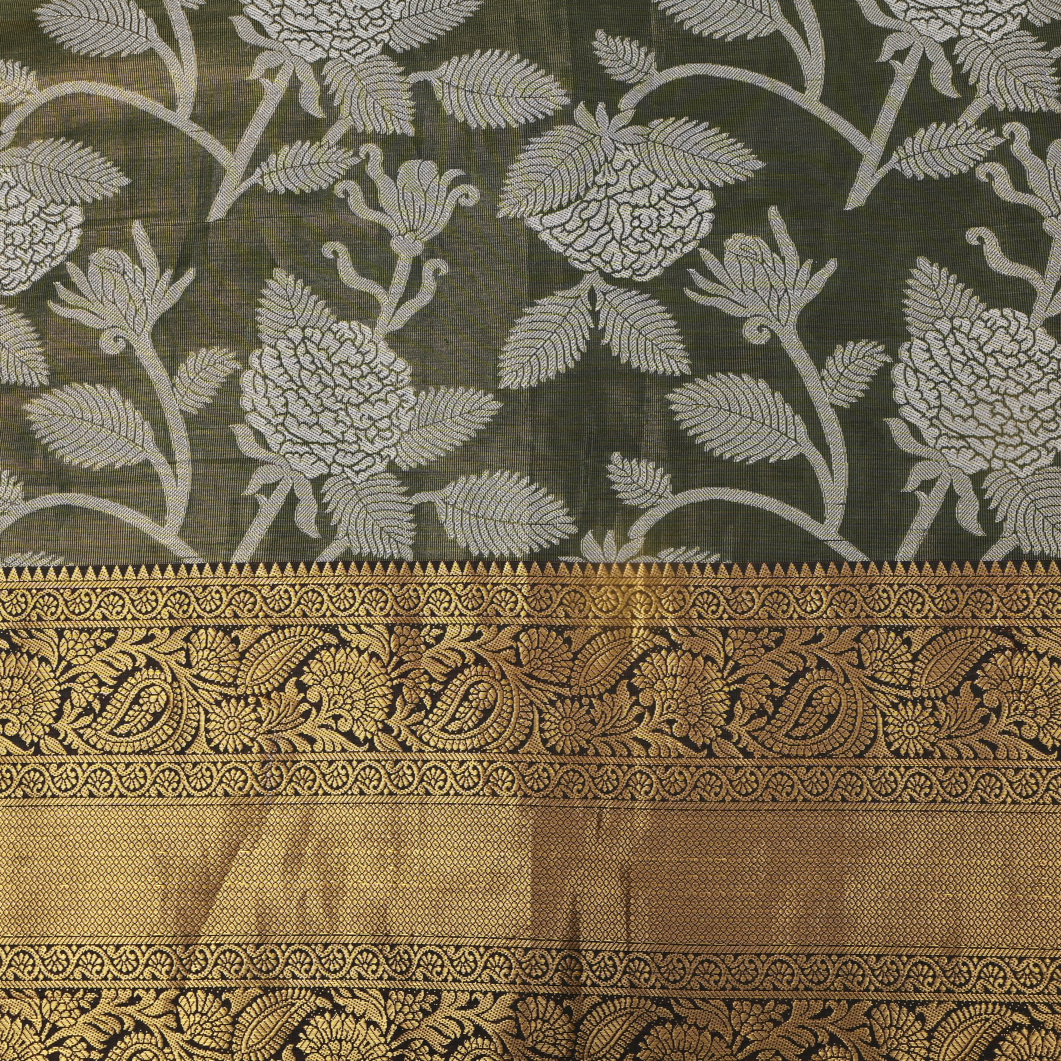 Gray With Antique Gold Floral Jaal Kanchi Fabric