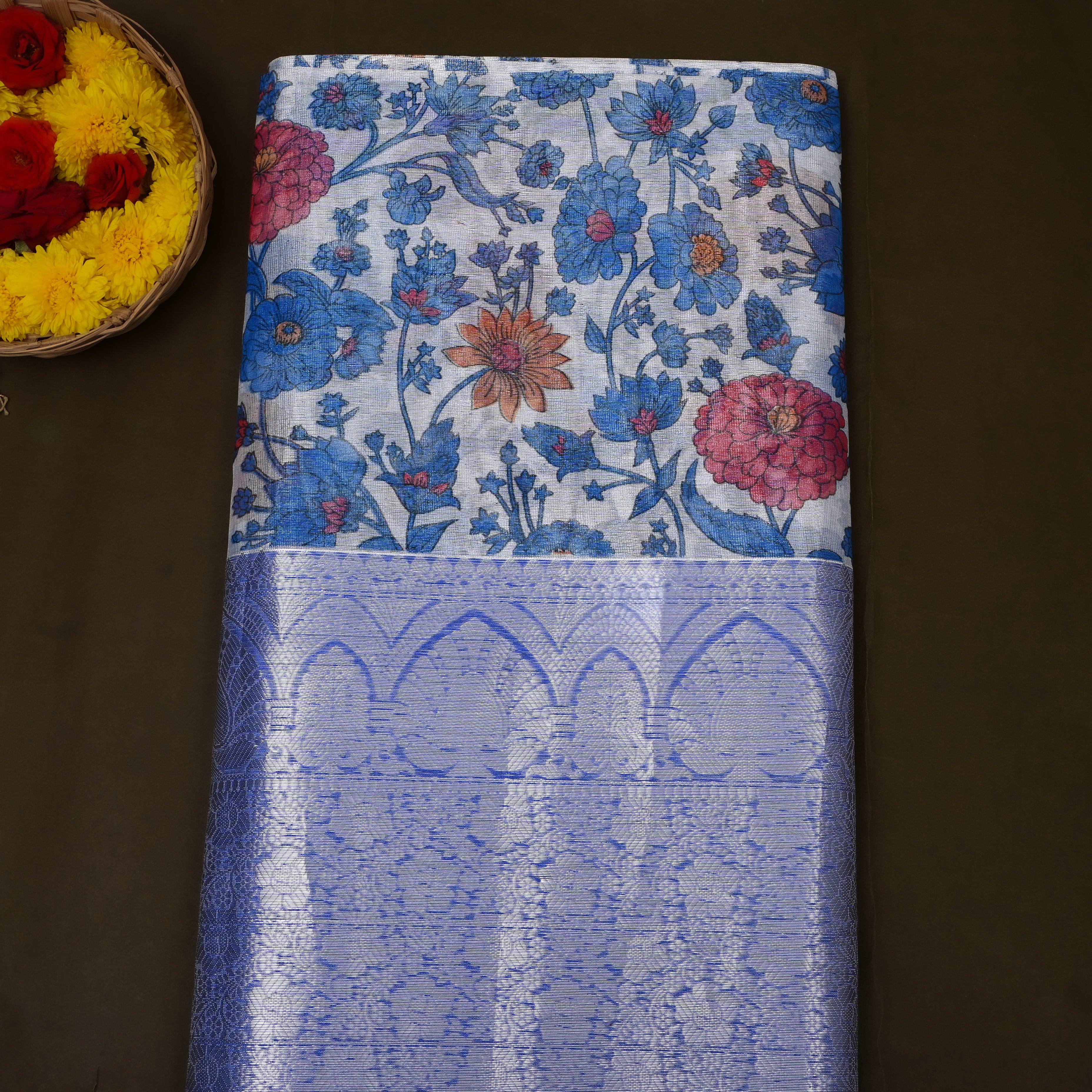 Ivory Blue Floral Print Fabric With Woven Border
