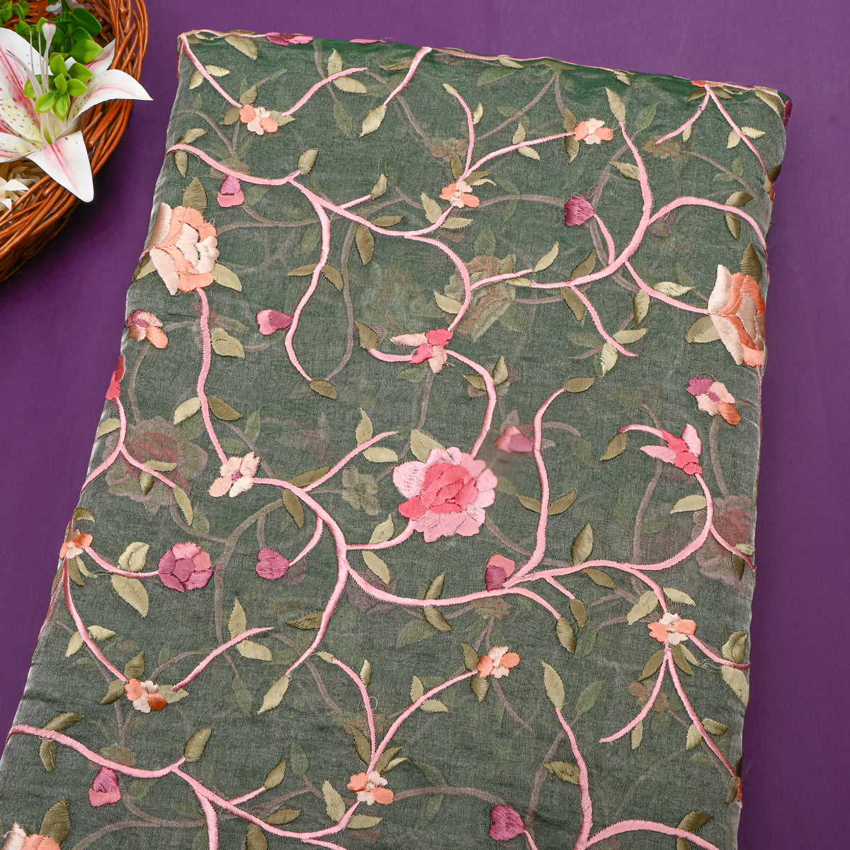 Green Floral Jaal Thread Work Tissue Fabric