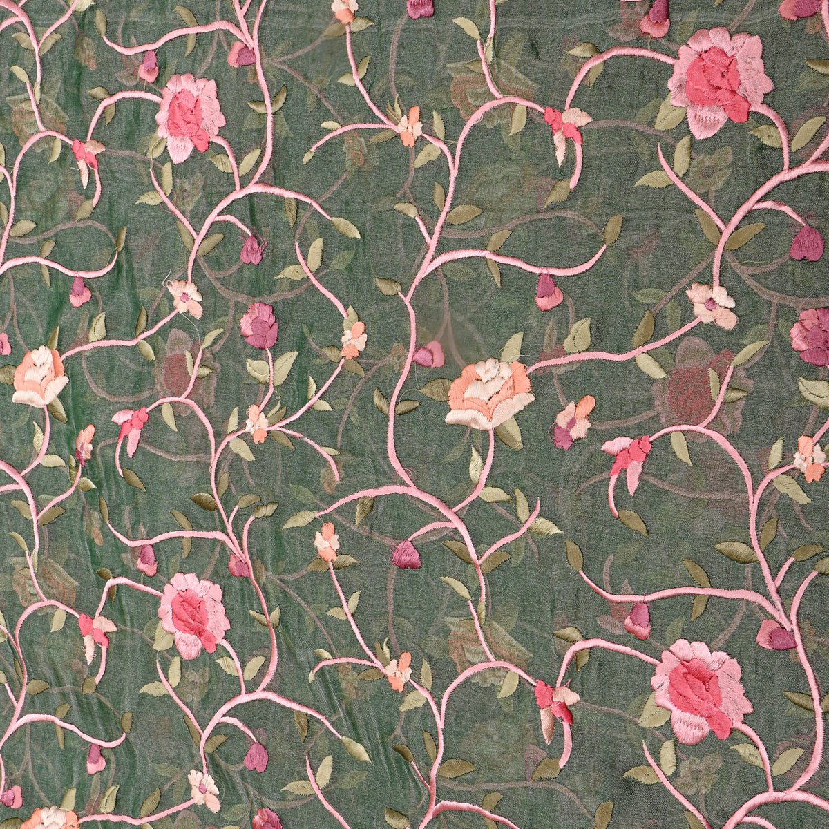 Green Floral Jaal Thread Work Tissue Fabric