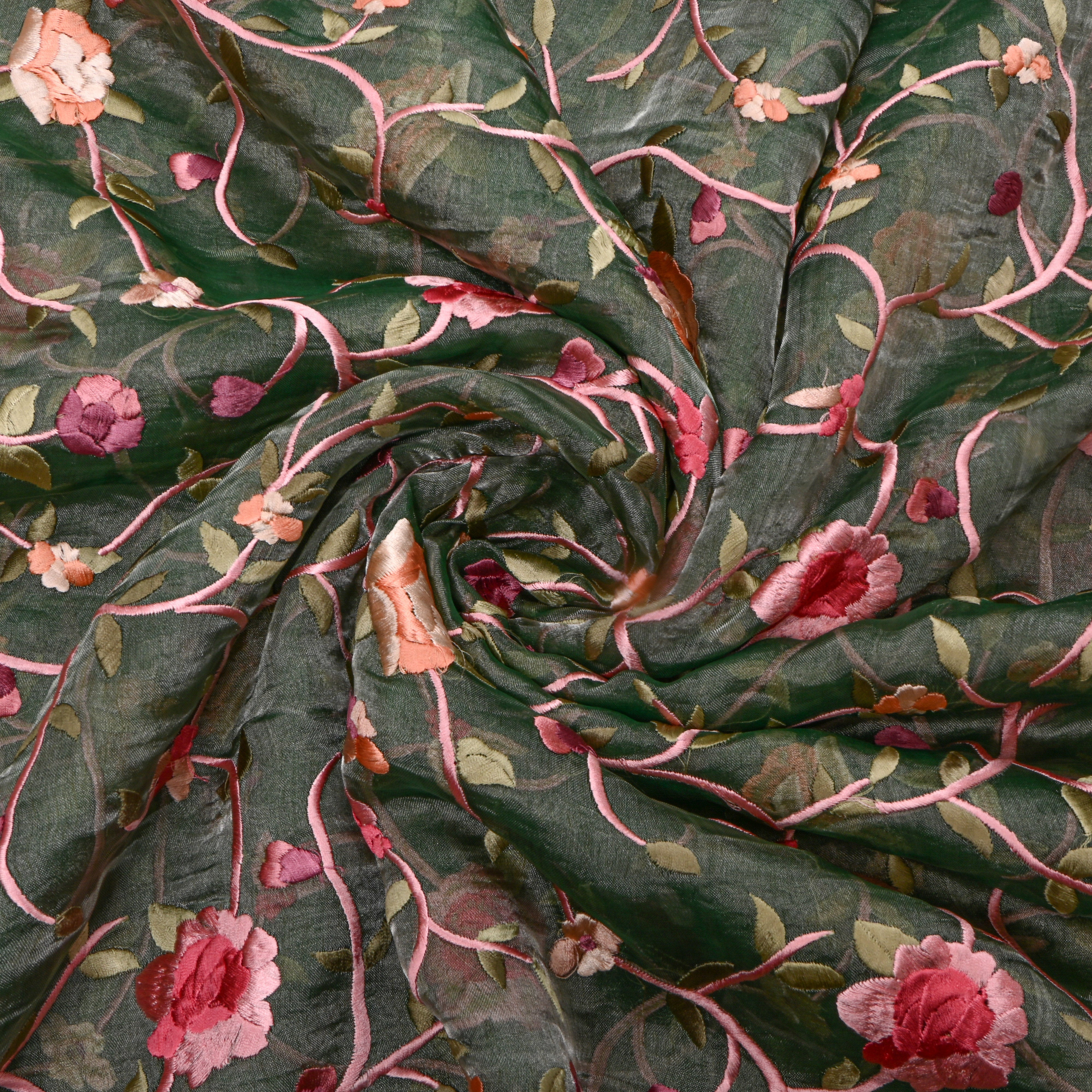 Green Floral Jaal Thread Work Tissue Fabric