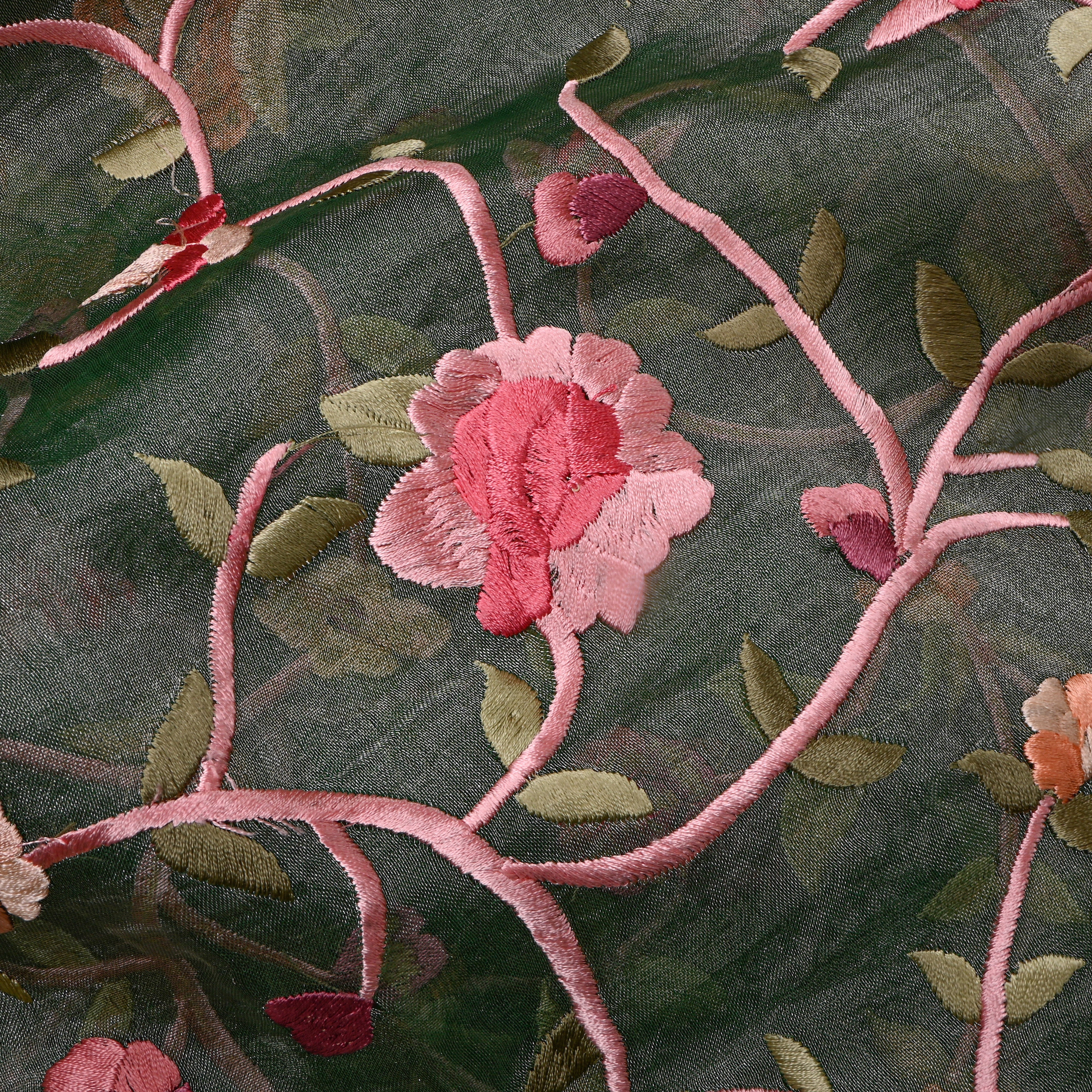 Green Floral Jaal Thread Work Tissue Fabric