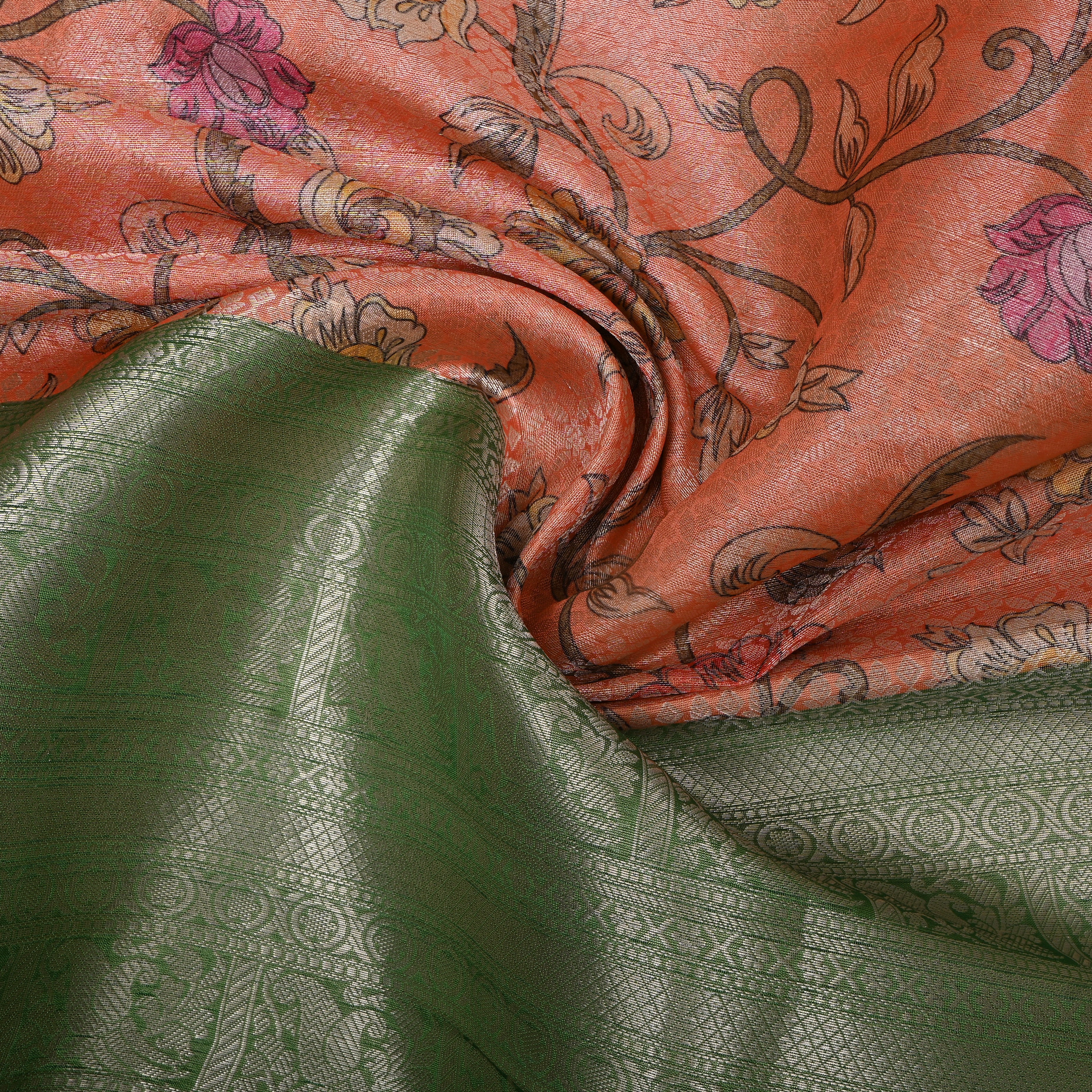 Rust Orange Green Floral Vine Digital Print Tissue Fabric