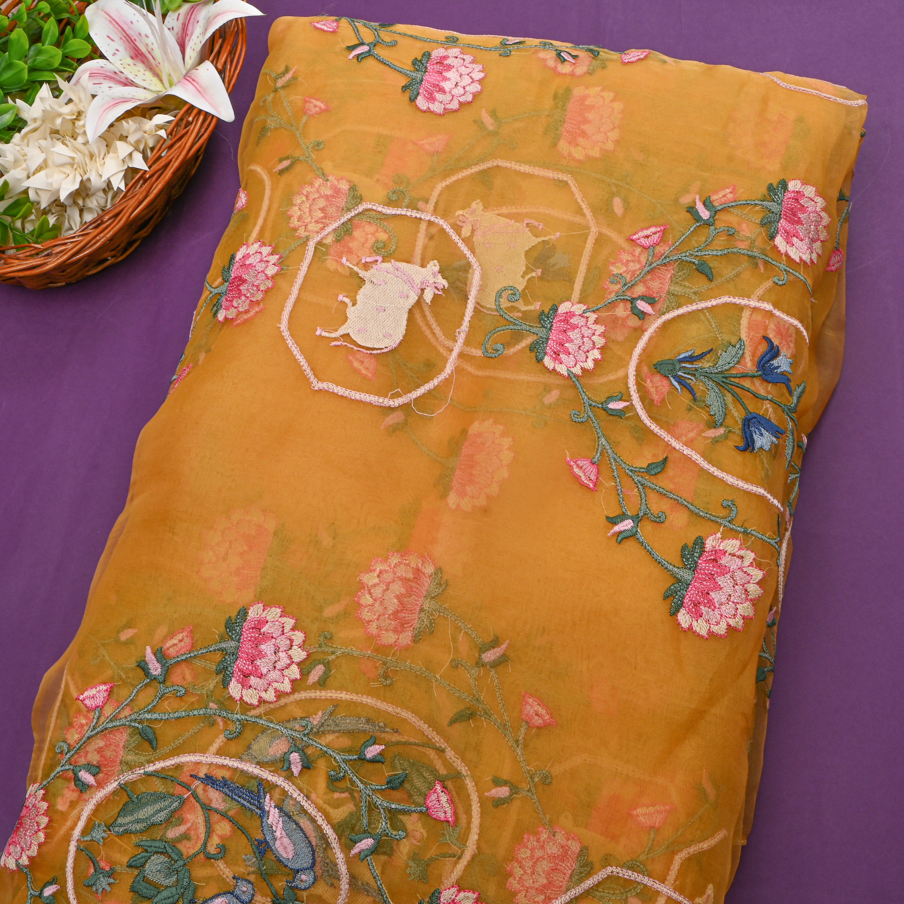 Bright Yellow Organza With Shikargah Thread Work