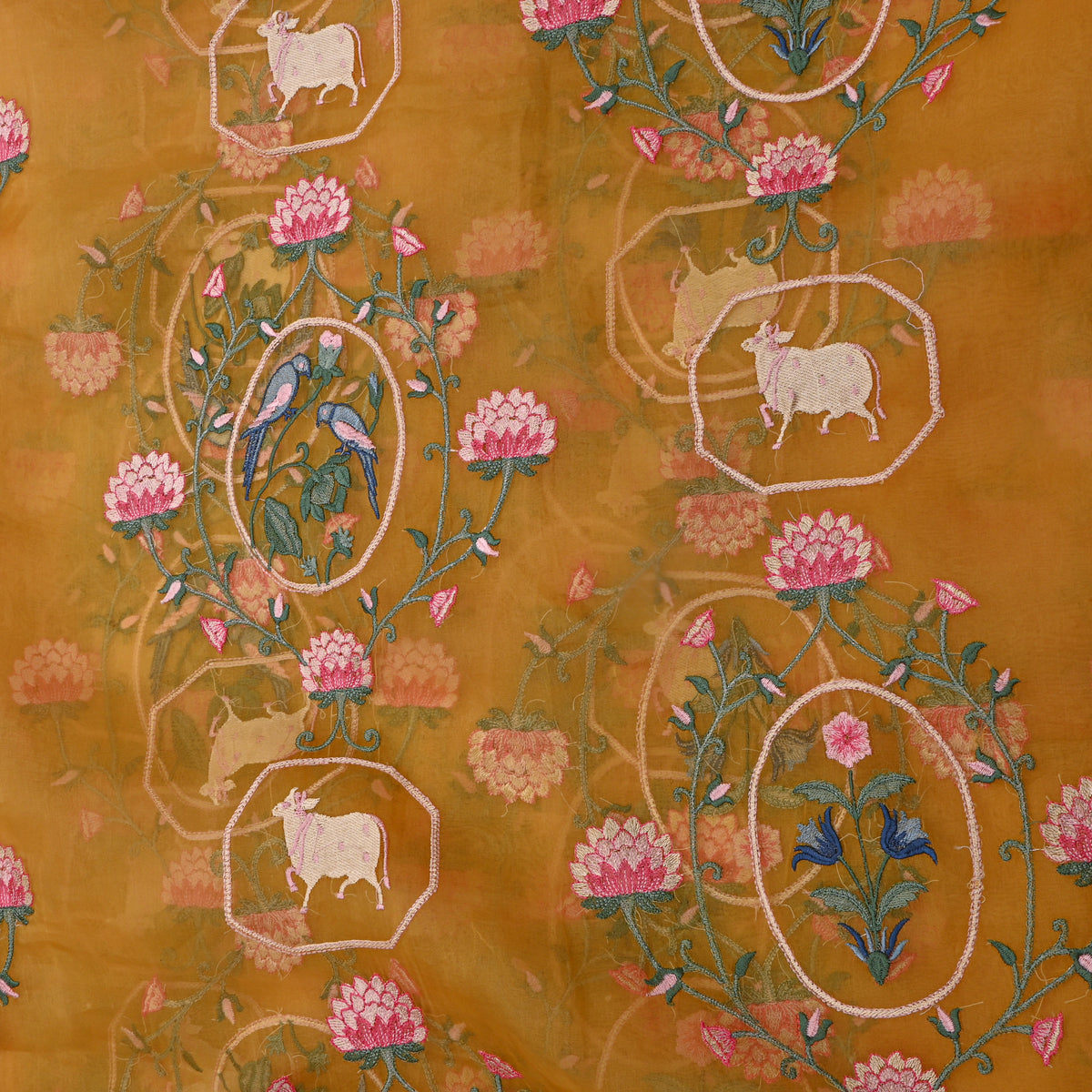 Bright Yellow Organza With Shikargah Thread Work