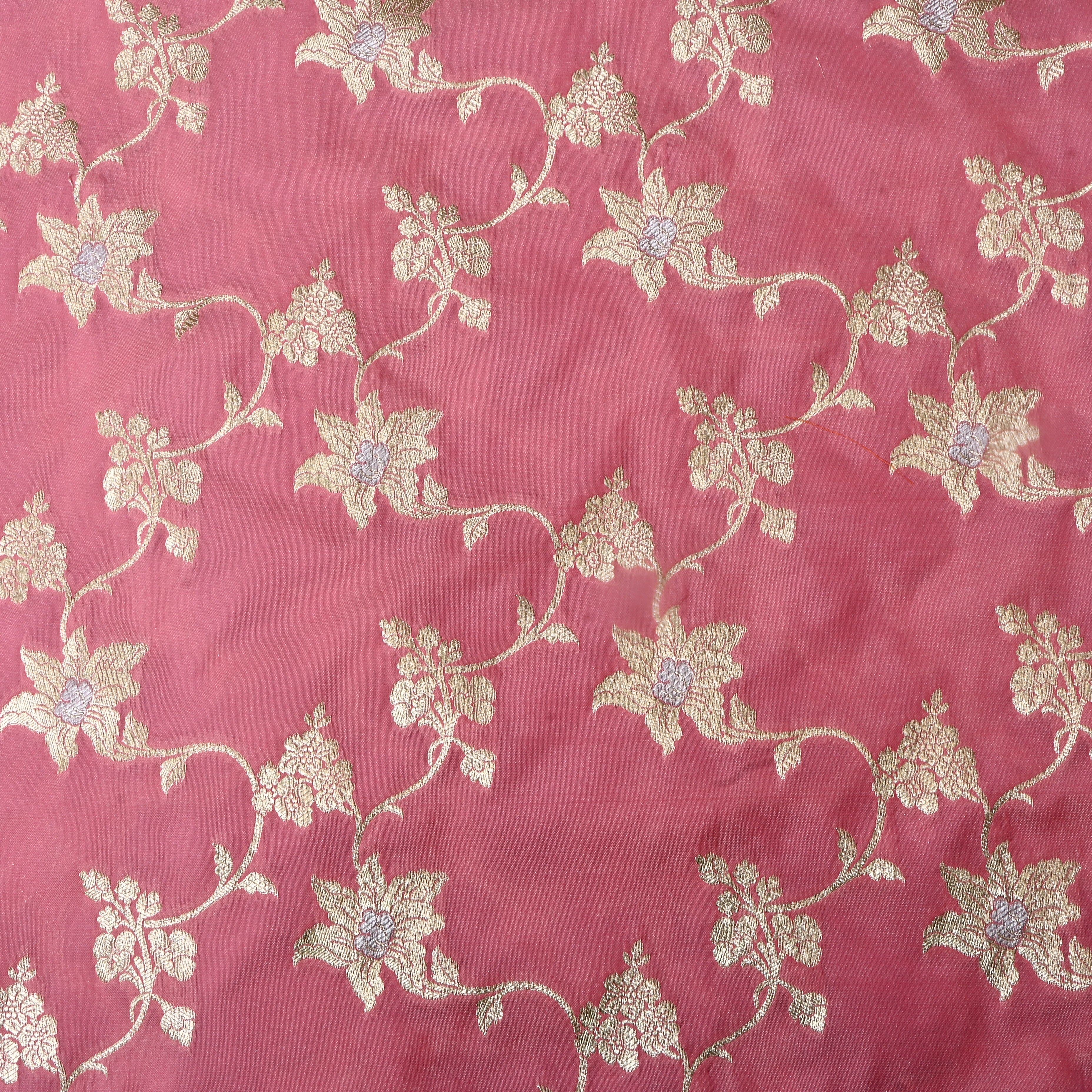 Flamingo Pink Floral Jamawar Silk Fabric