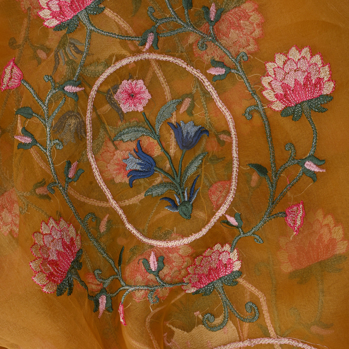 Bright Yellow Organza With Shikargah Thread Work