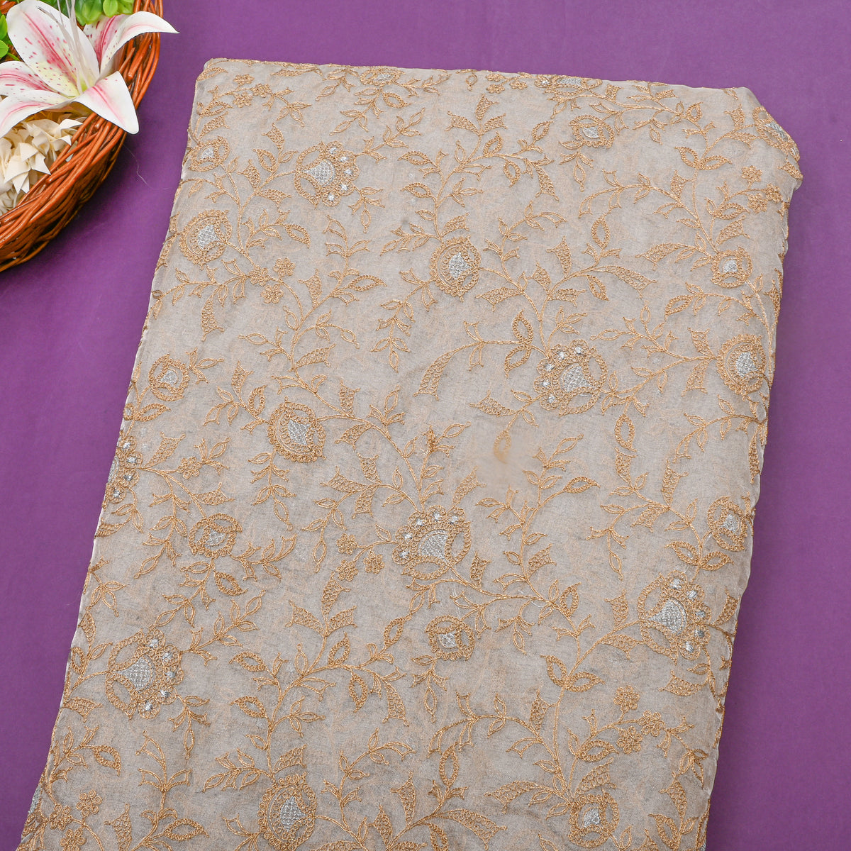 Shimmery White Floral Jaal Embroidery Organza Fabric