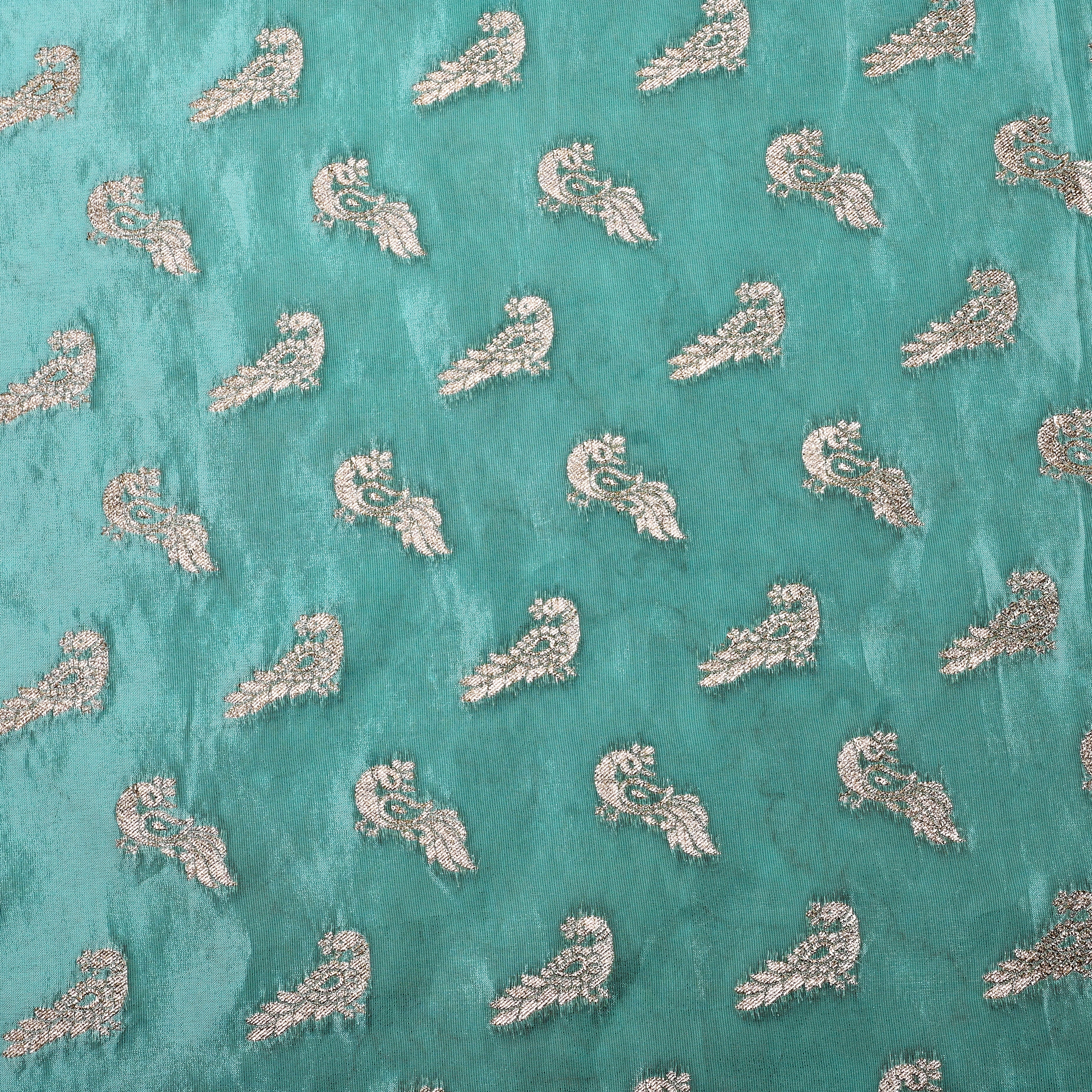 Celeste Blue Jamawar Tissue Fabric With Avian Weaving