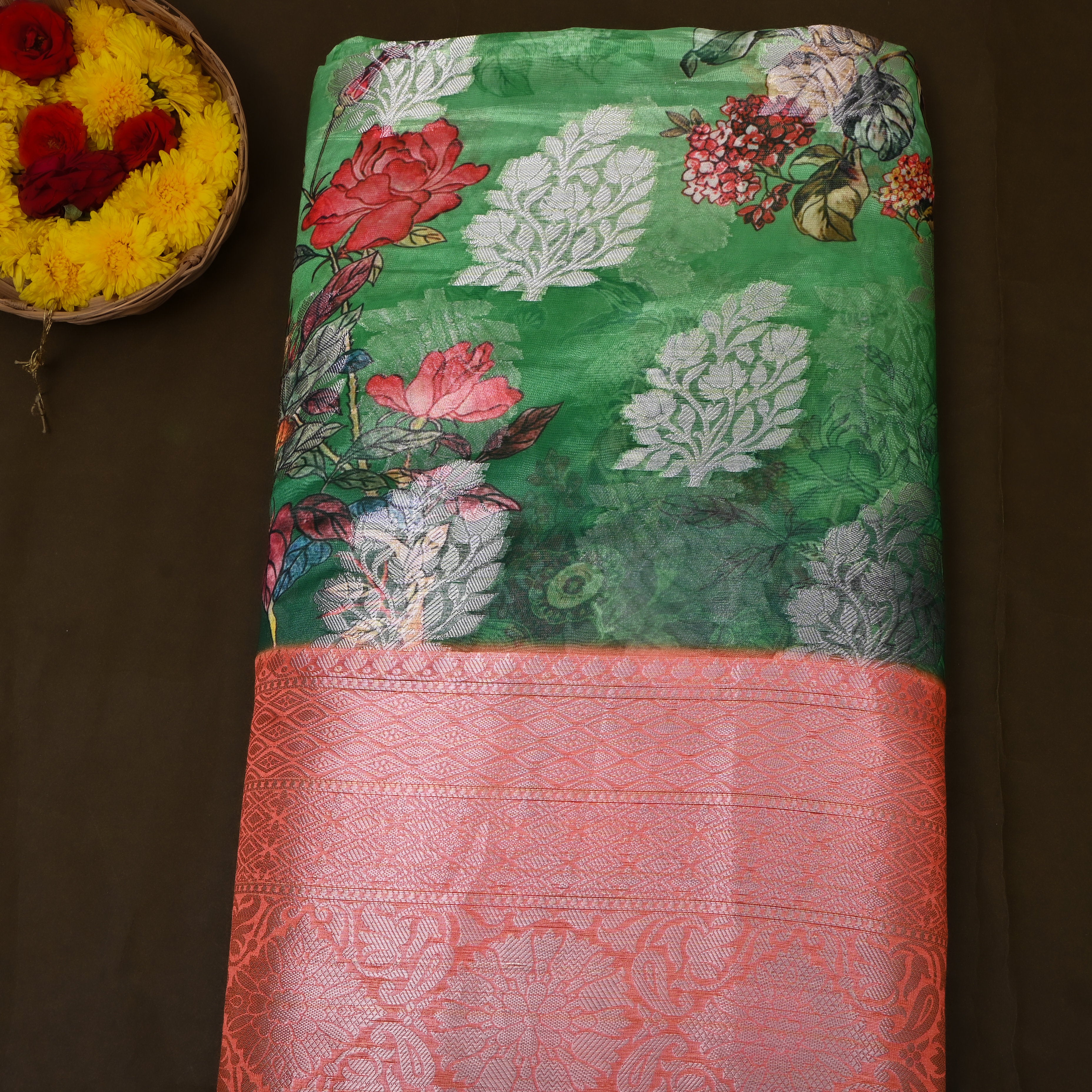 Emerald Coral Floral Print Fabric With Woven Border