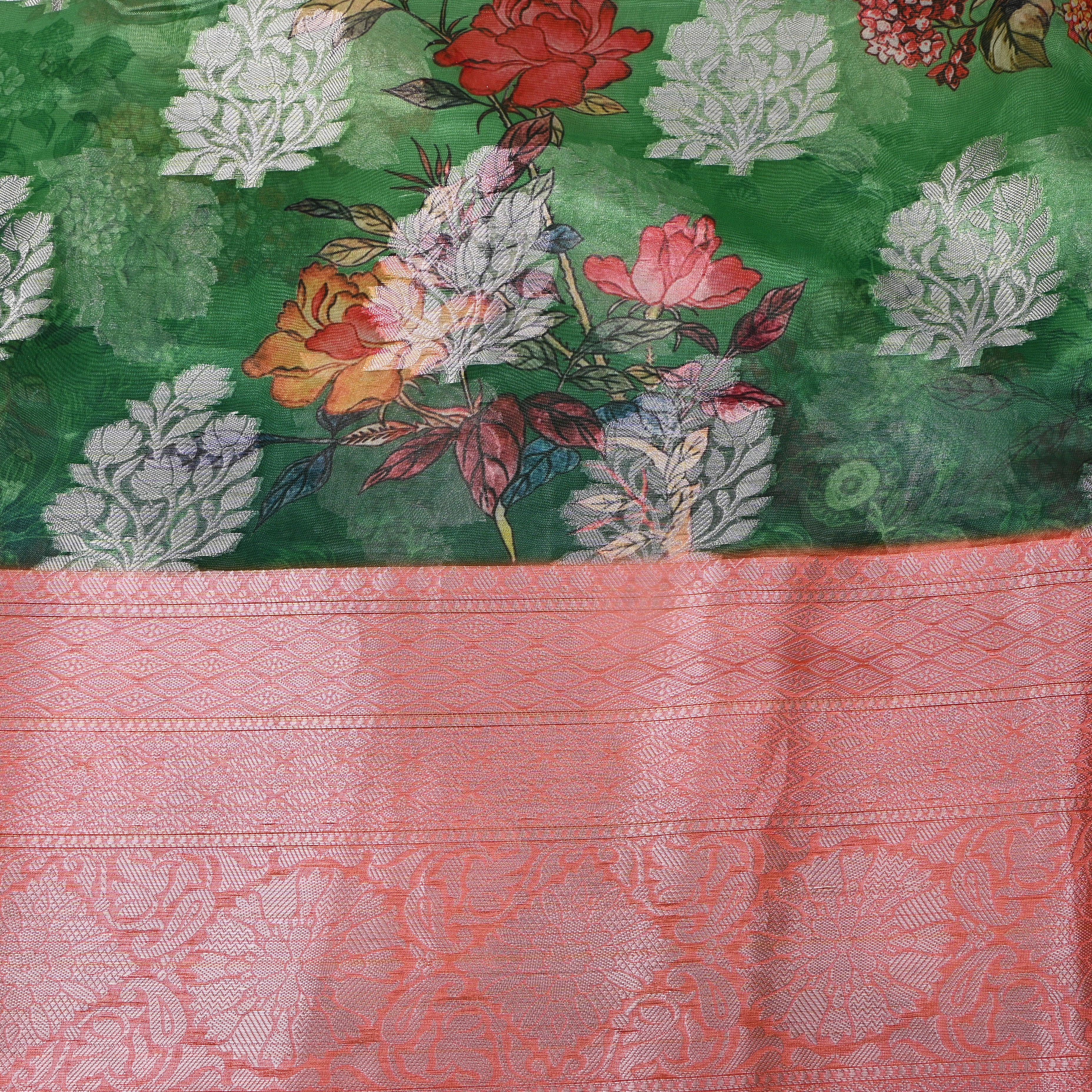 Emerald Coral Floral Print Fabric With Woven Border