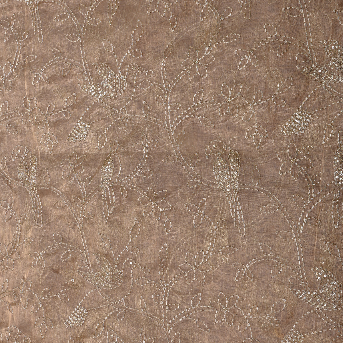 Light Brown Gold Zari Bird Jaal Tissue Fabric